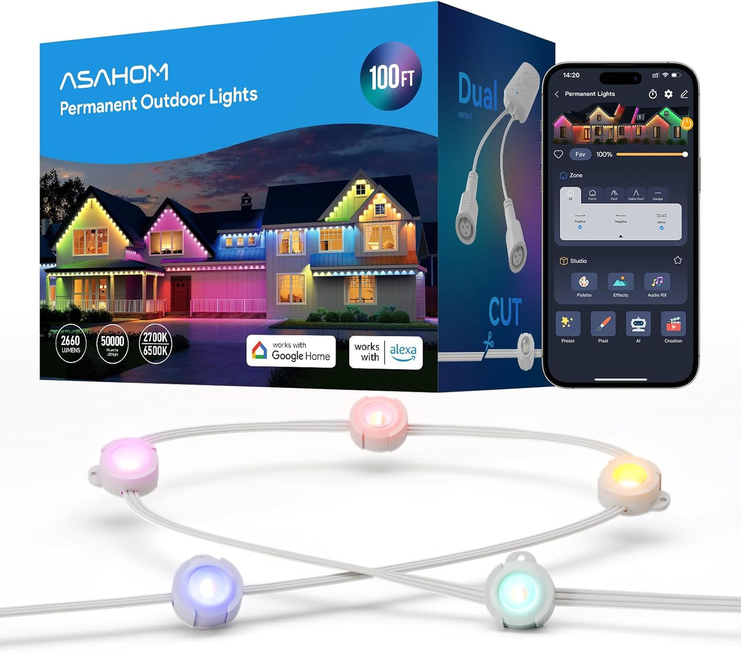 ASAHOM AI Permanent Outdoor Lights S107B: 100FT RGBCW LED