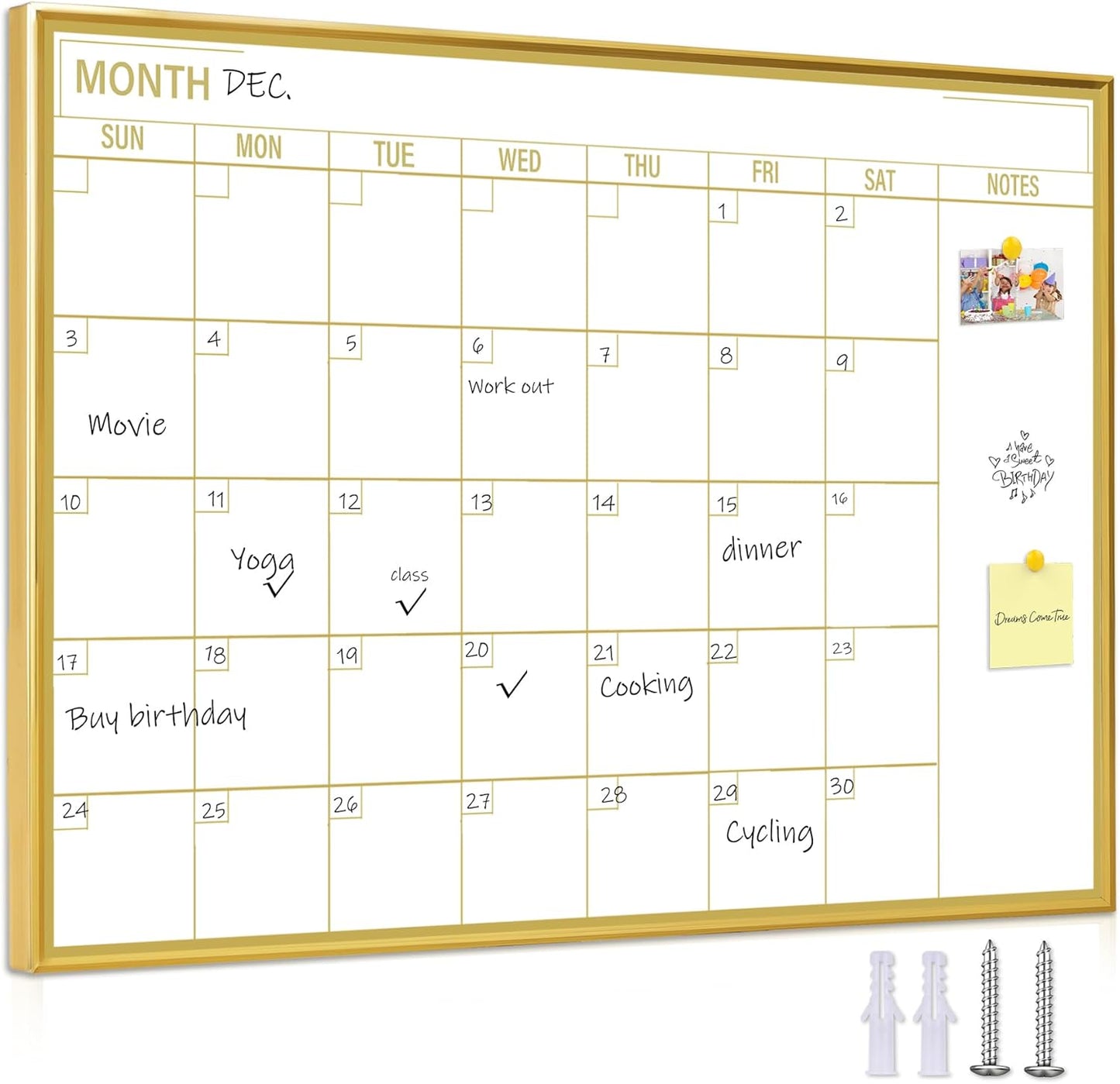 Gold Dry Erase Calendar Whiteboard for Home and Office Use