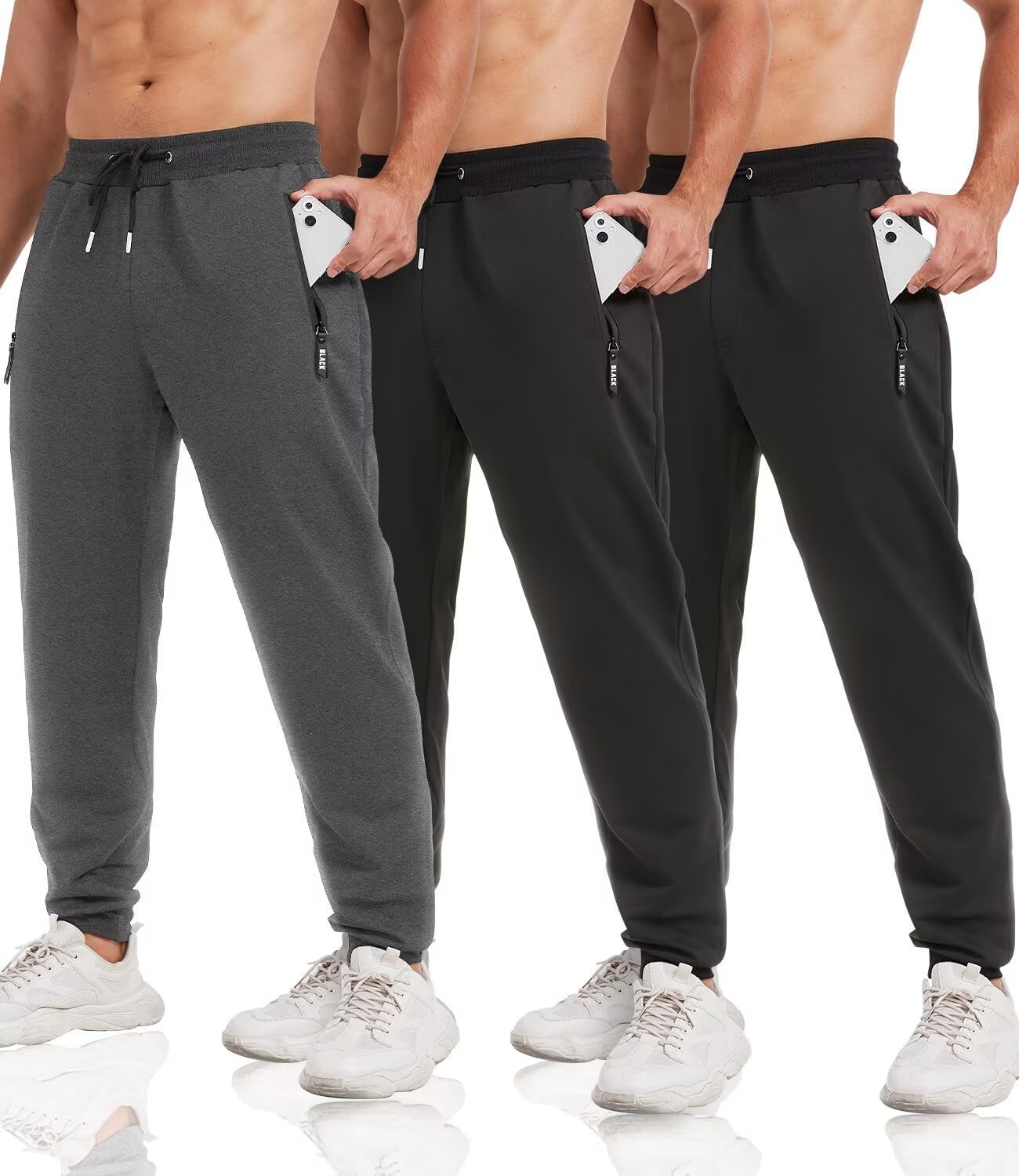 3 Pack Sweatpants for Men with Zip Pockets and Slim Fit