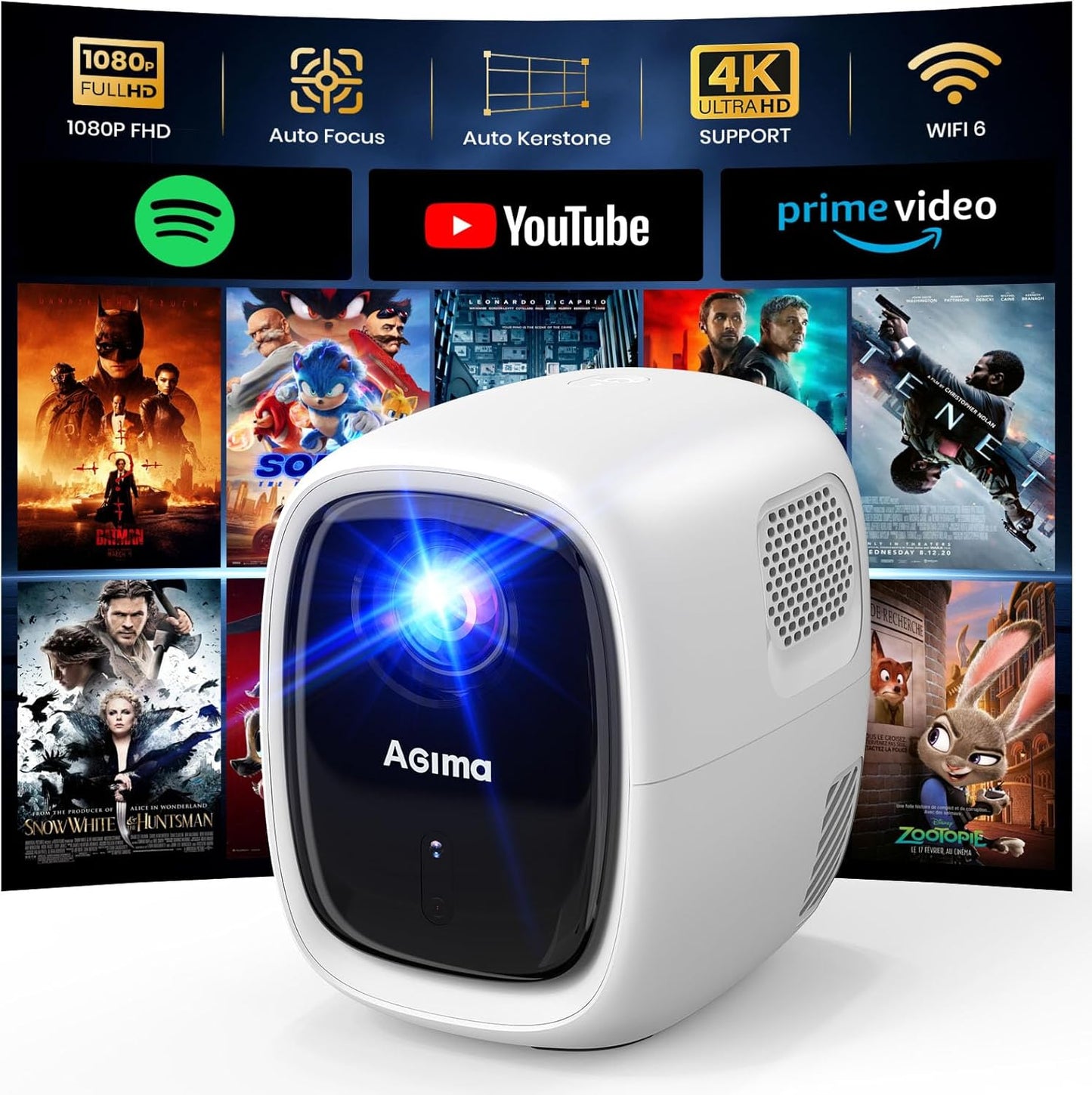 AGIMA Smart Projector: AI Auto Focus 1080P 4K, WiFi Bluetooth, Apps, Android TV