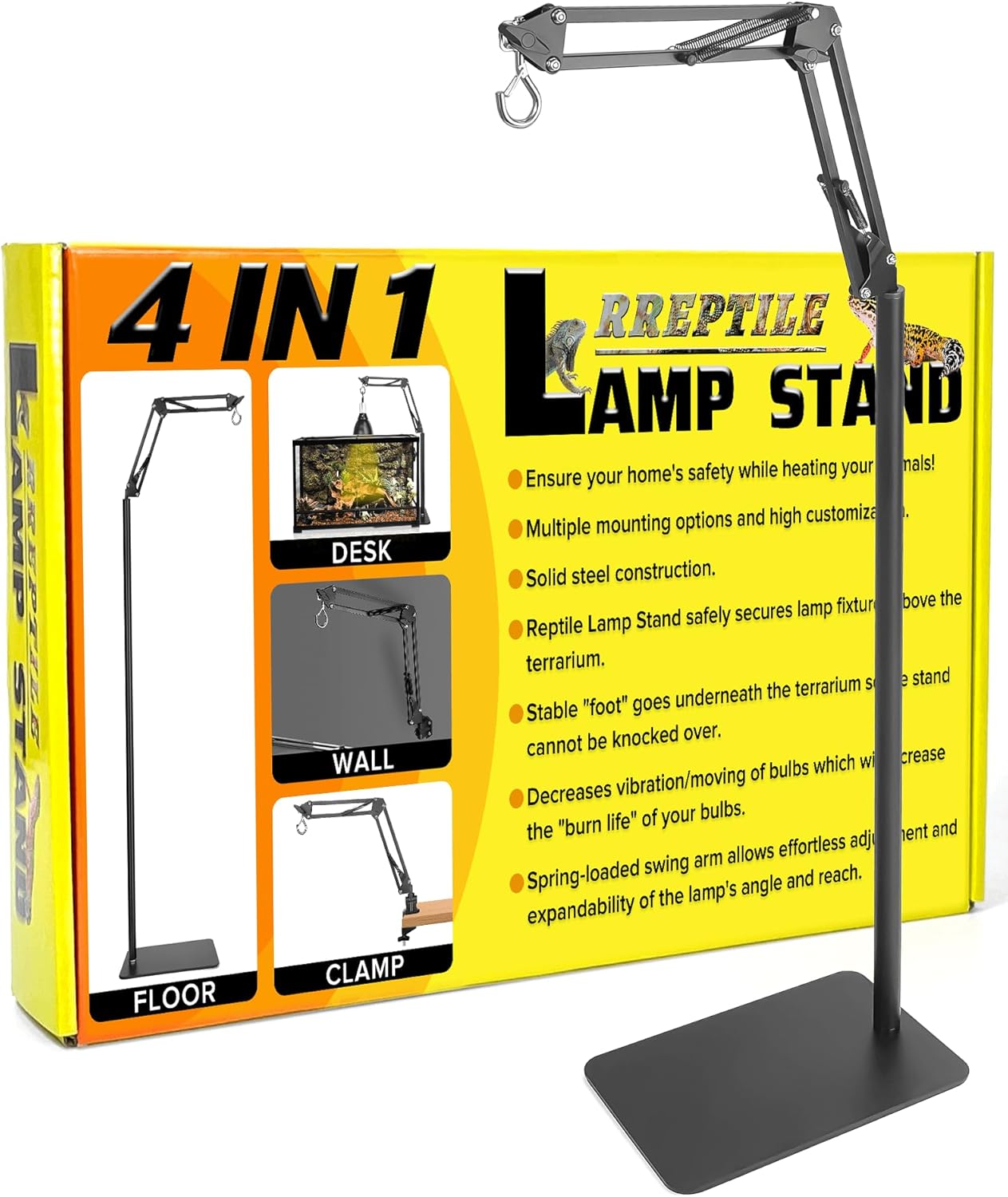 4 IN 1 Metal Reptile Lamp Stand with Adjustable Swing Arm