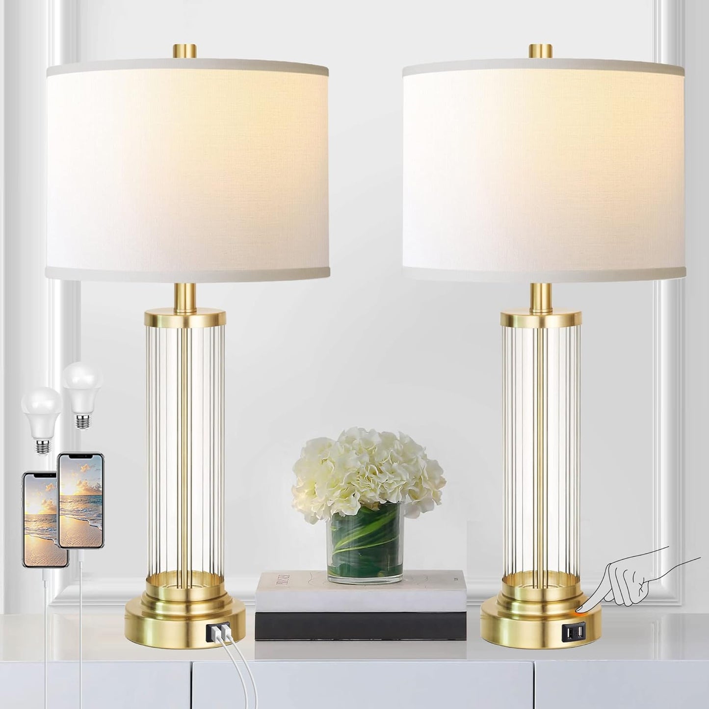 QiMH Touch Control Table Lamp Set with USB Ports for Modern Homes