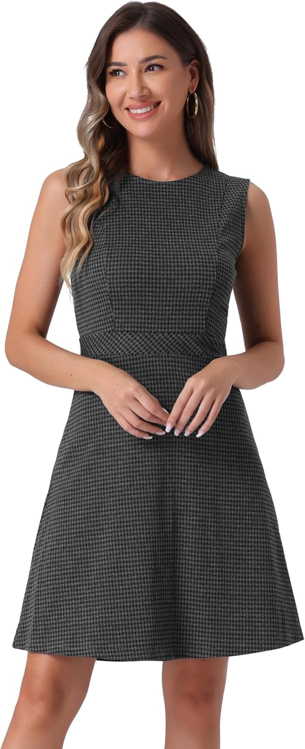 Allegra K Women's Sleeveless Houndstooth Plaid Dress for Work