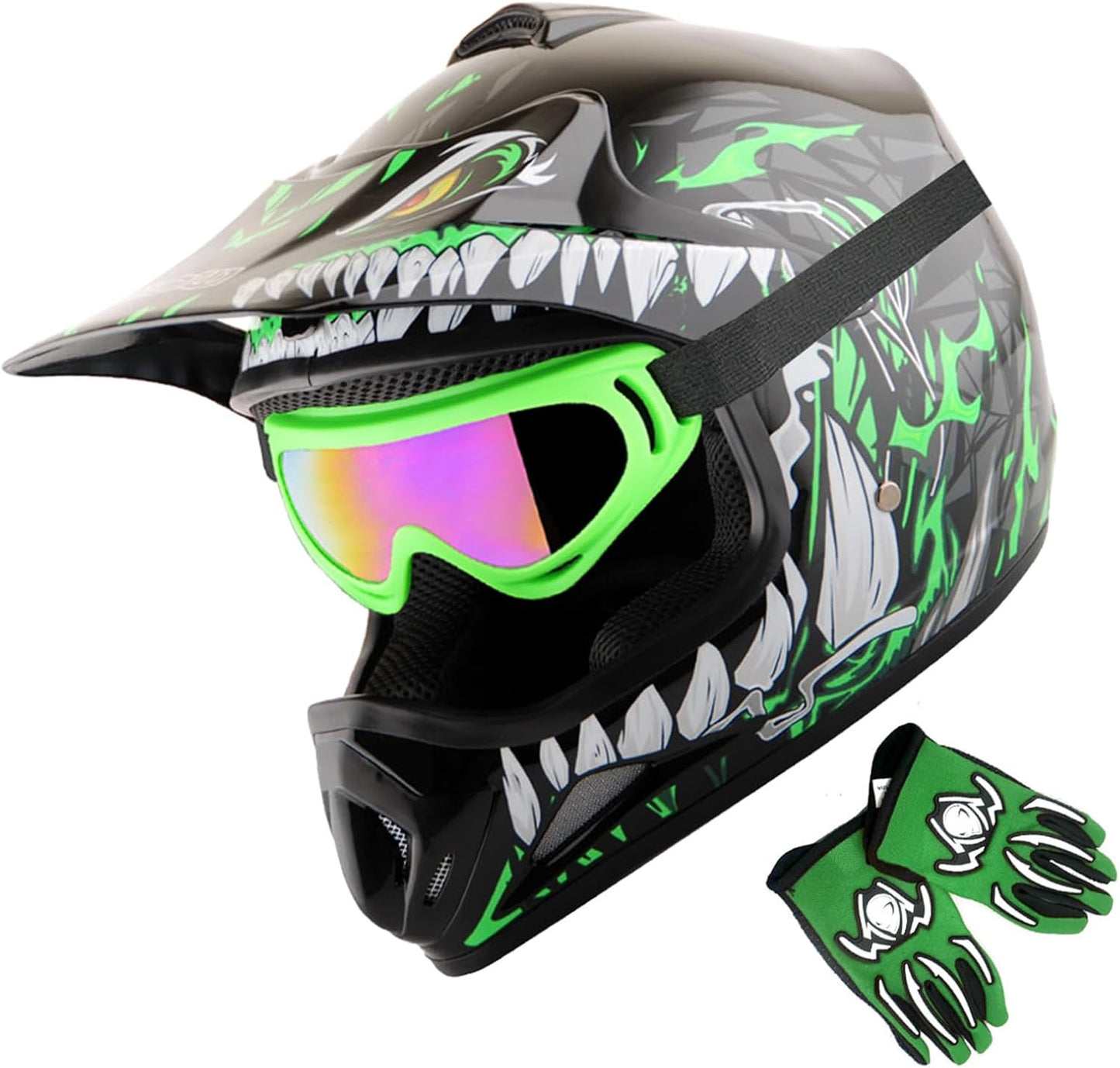 WOW Youth Kids Motocross BMX MX ATV Dirt Bike Helmet Bundle