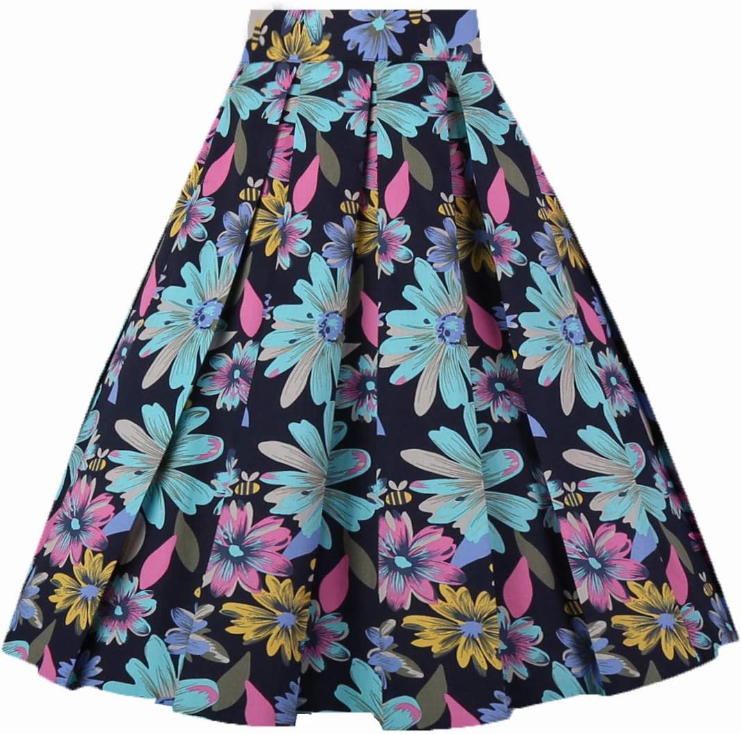 OBBUE Vintage Pleated Skirt Floral A-line Midi with Pockets