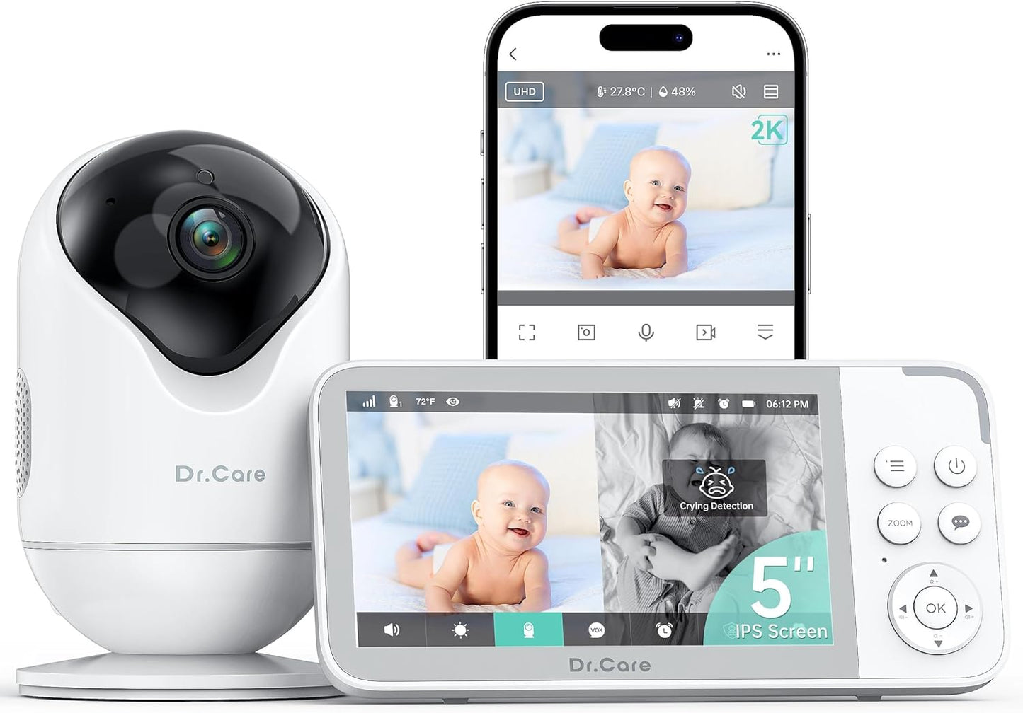 Dr.Care VistaView Smart Baby Monitor - Crystal Clear 2K Video, Motion Alerts, Long Battery