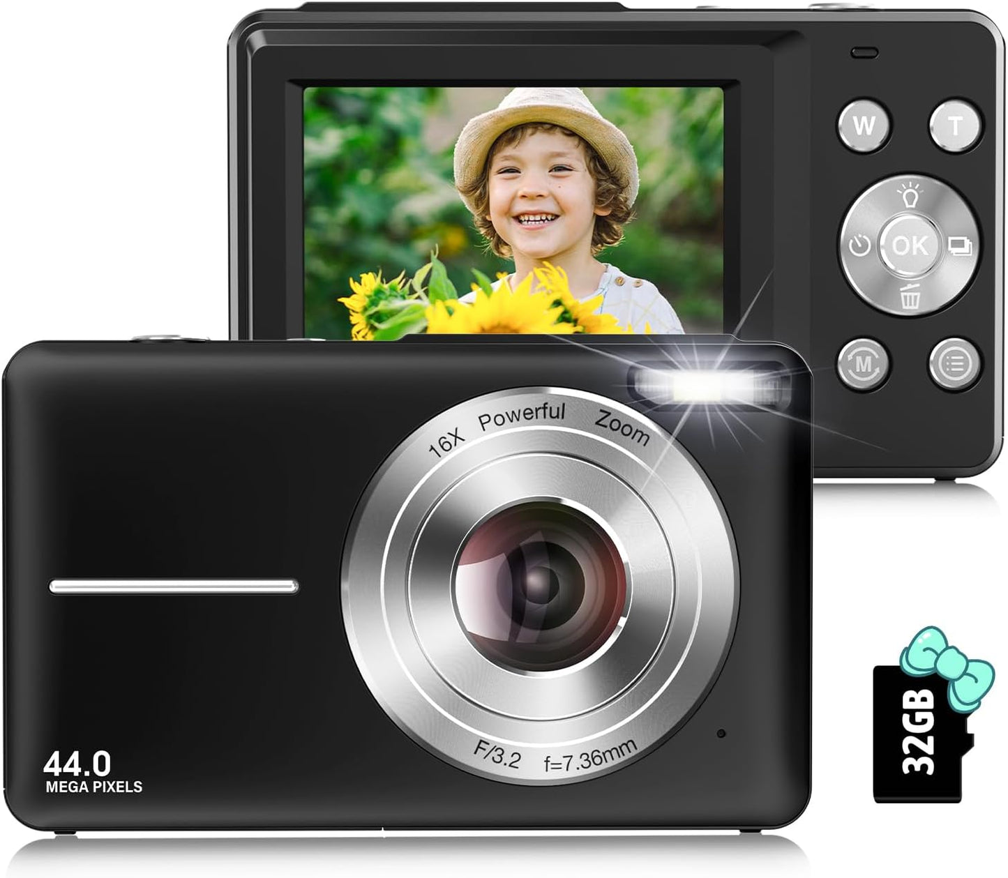 Compact 44MP Kids Camera - 16X Zoom, Anti Shake