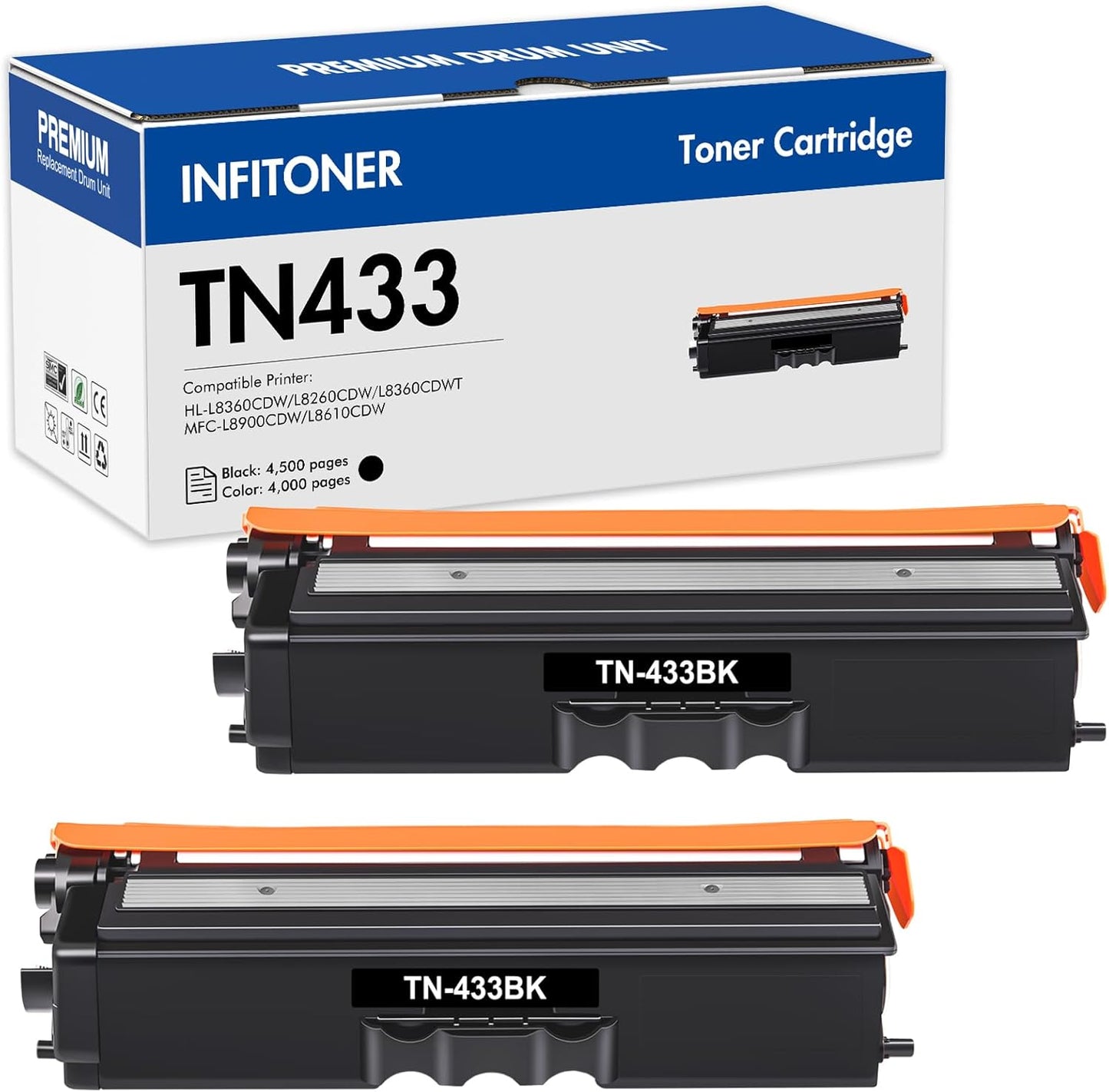 High Yield TN433BK Toner Cartridge 2Pack for Brother Printers