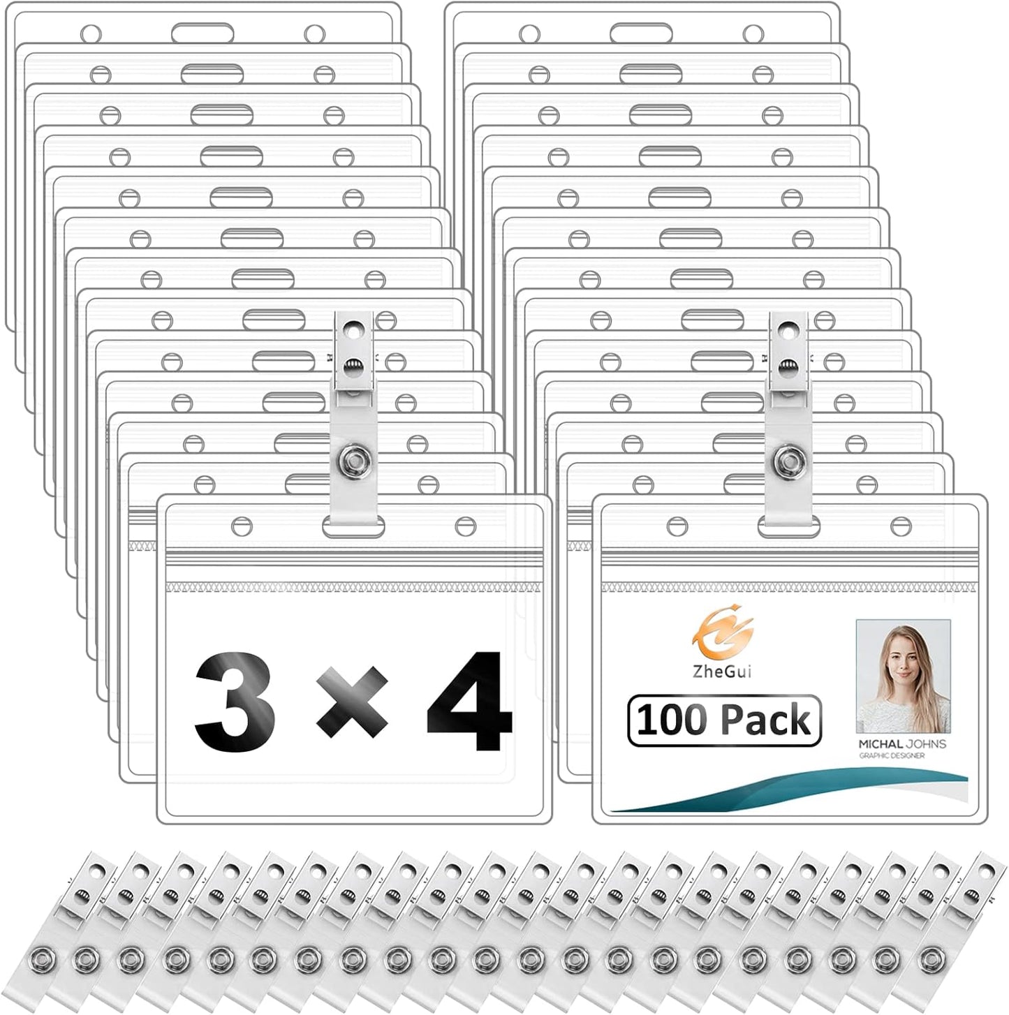 Clear Plastic Horizontal Name Tag Holder with Metal Clips 100 Pack