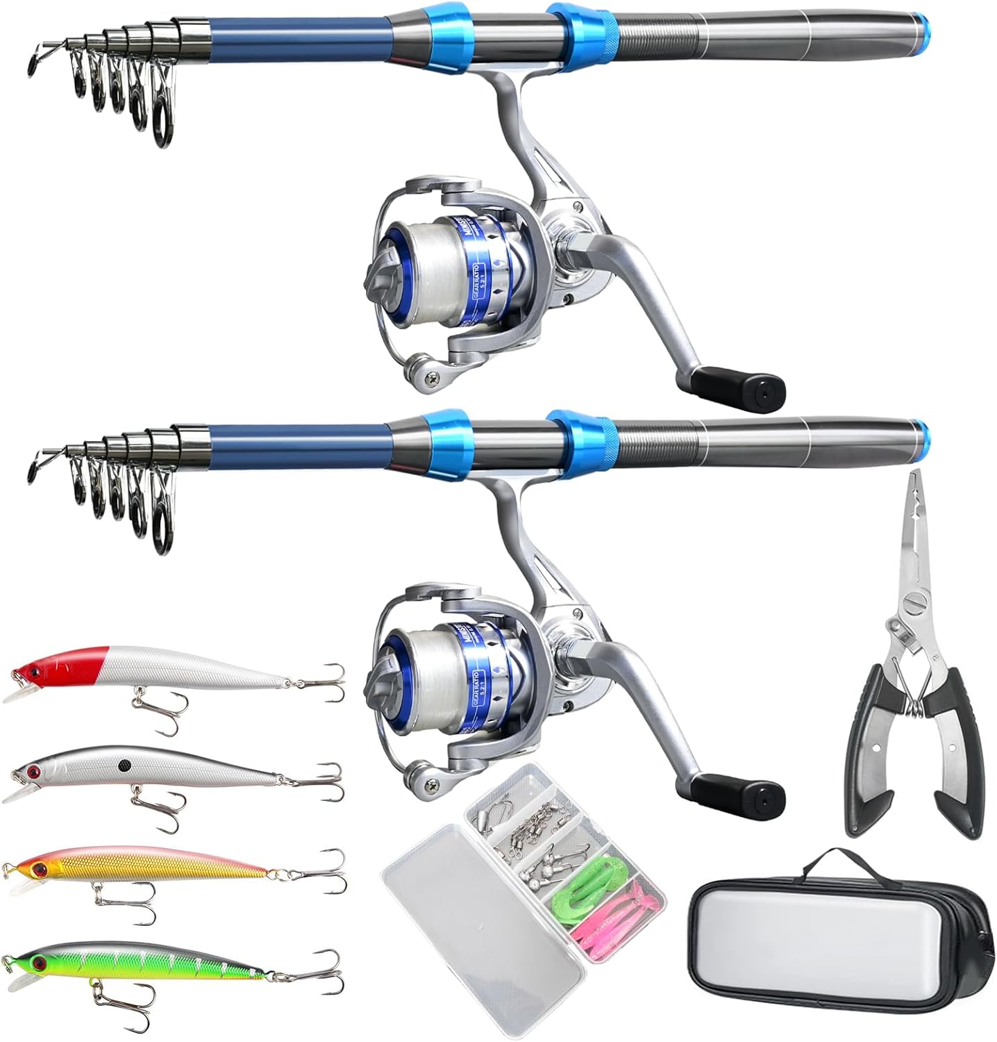 Complete Fishing Kit: 2 Rods, Reels, Line, Lures & Pliers!
