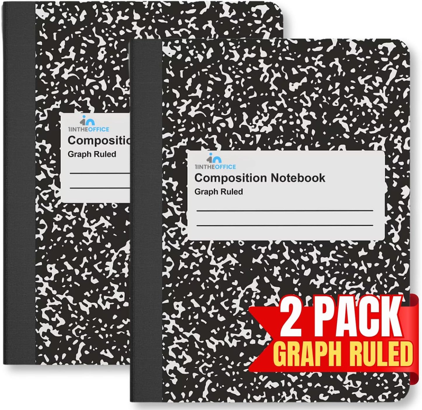 1InTheOffice Quad Ruled Graph Notebook, 80 Sheets, 7.5 x 9.75, Black, 2 Pack
