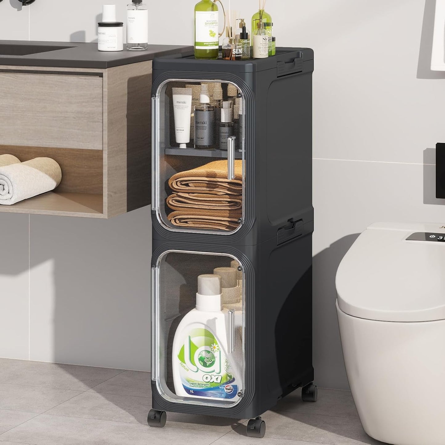 KHNR 2-Tiers Slim Bathroom Storage Cabinet for Small Spaces