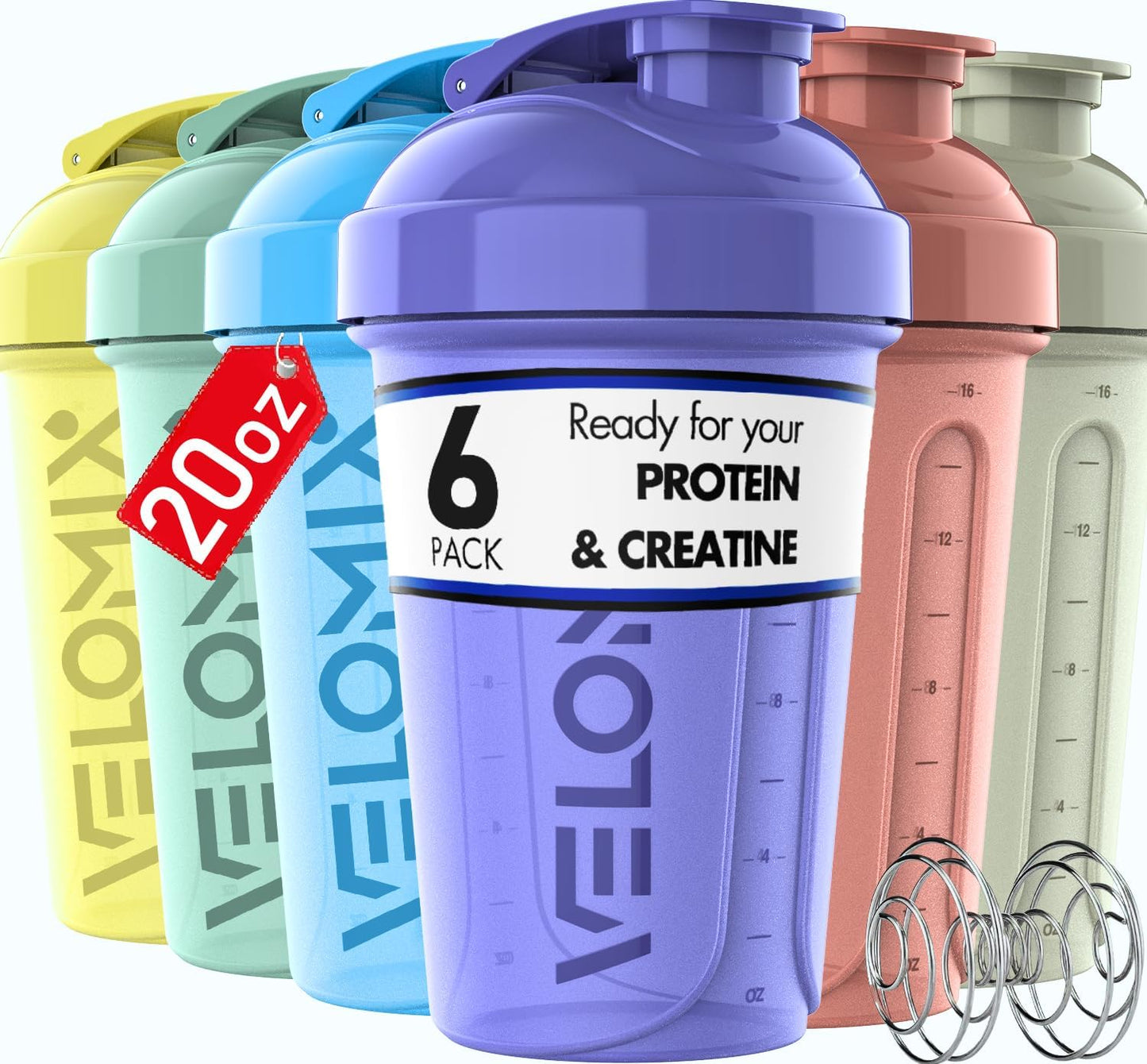 6 Pack Protein Shaker Bottles - Velomix - Easy Mixing!