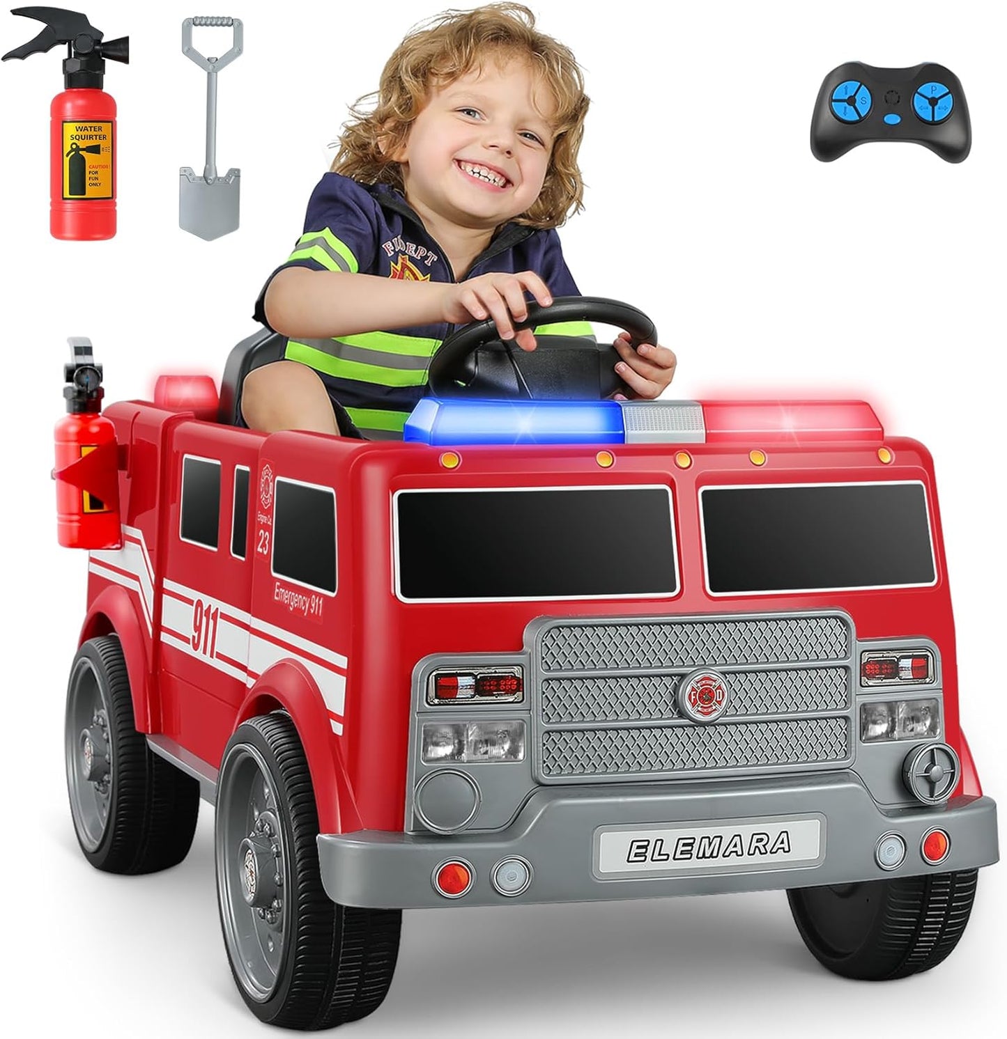 ELEMARA 12V7AH Ride on Fire Truck for Kids with Remote Control