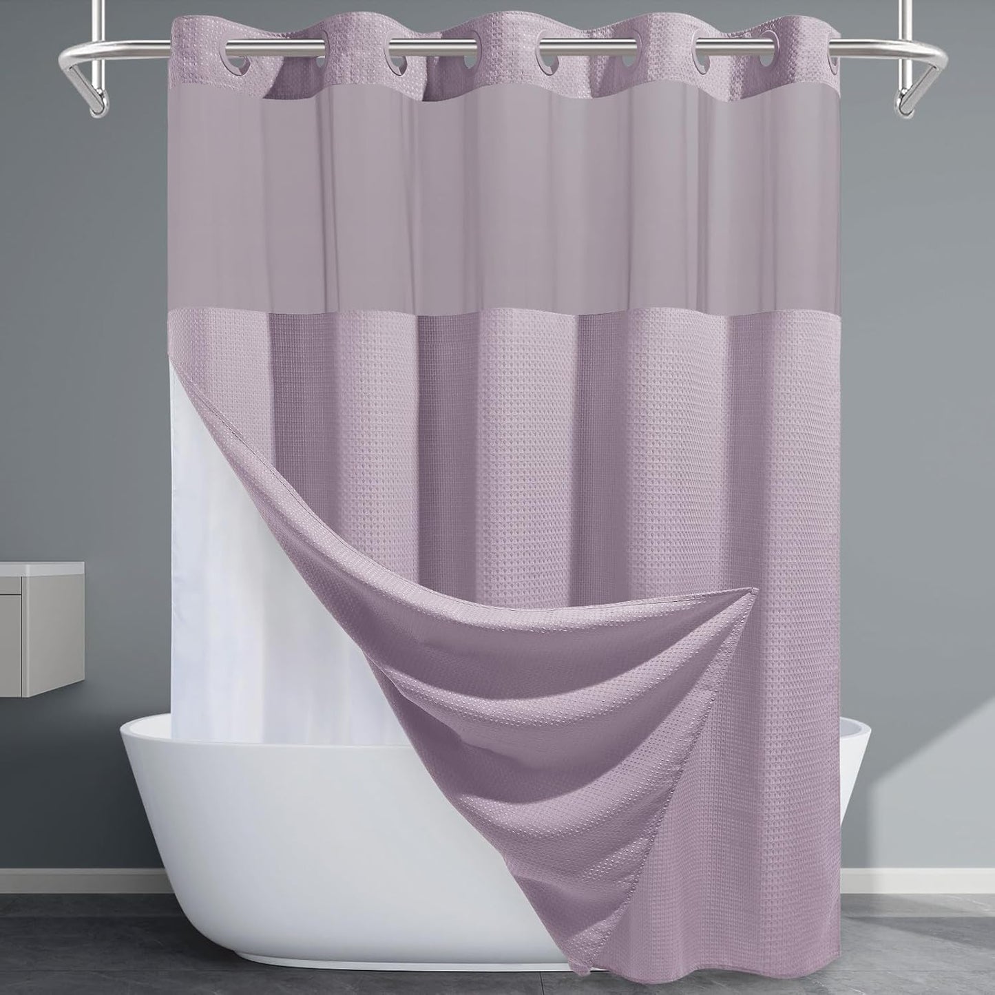Lavender No Hook Shower Curtain with Snap in Liner for Bath
