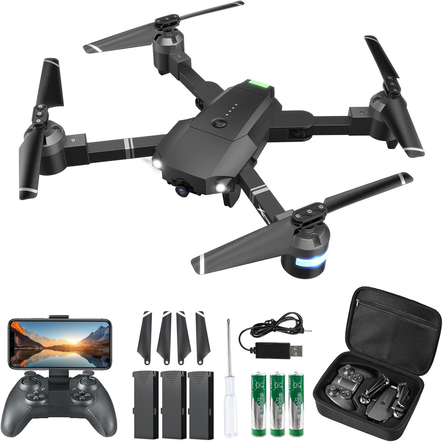 ATTOP Foldable Drone 1080P FPV Camera, 3 Batteries, 30 Mins Flight Time