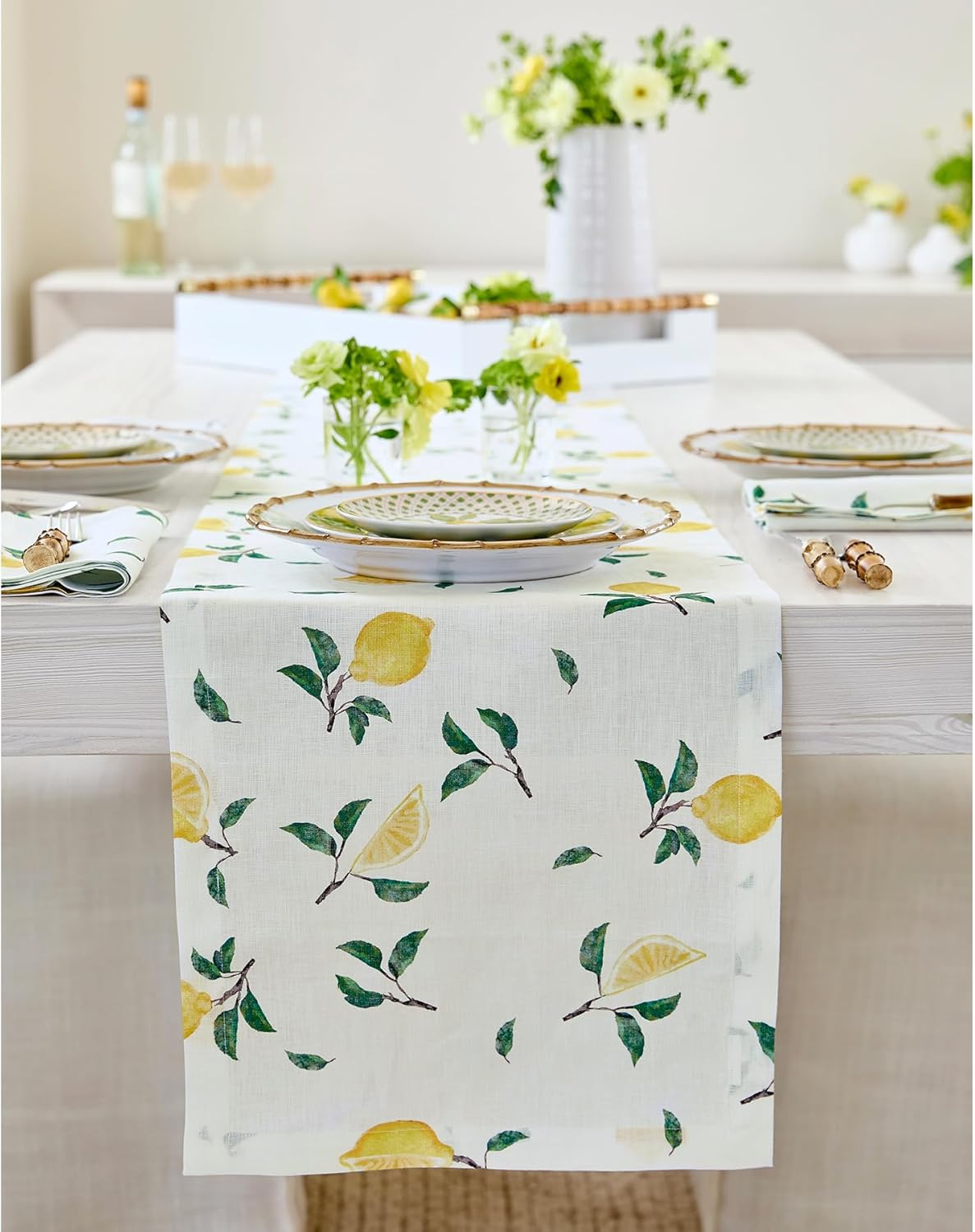 Botanical Lemon Print Table Runner - 100% Pure Linen 14 x 72 in