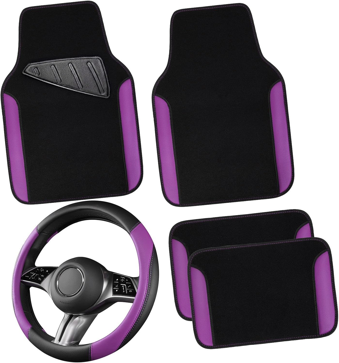 CAR PASS Faux Leather Steering Wheel Cover and Floor Mats Combo