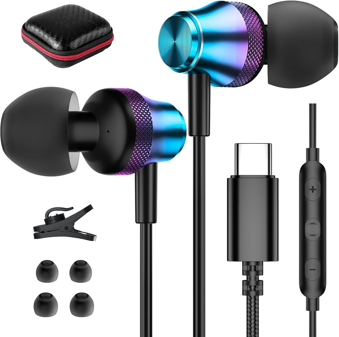 Type C Earbuds w/ Noise Canceling Mic for Samsung Galaxy & More - Purple Blue