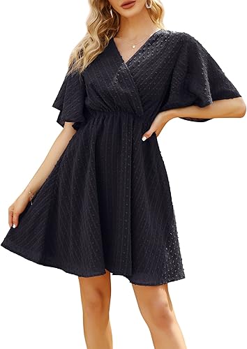 Womens Summer Swiss Dot Mini Dress with Bell Short Sleeves