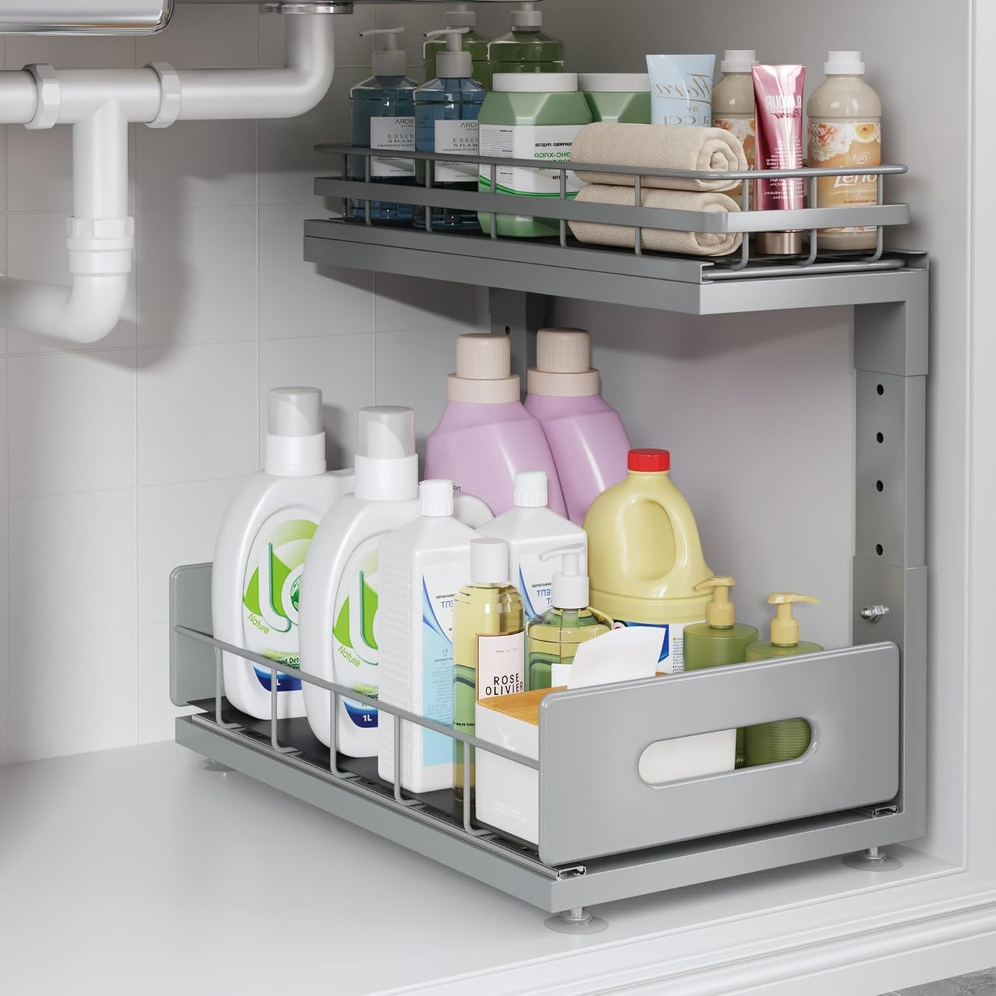 Under Sink Organizer with Dual Pull Out Drawers for Storage