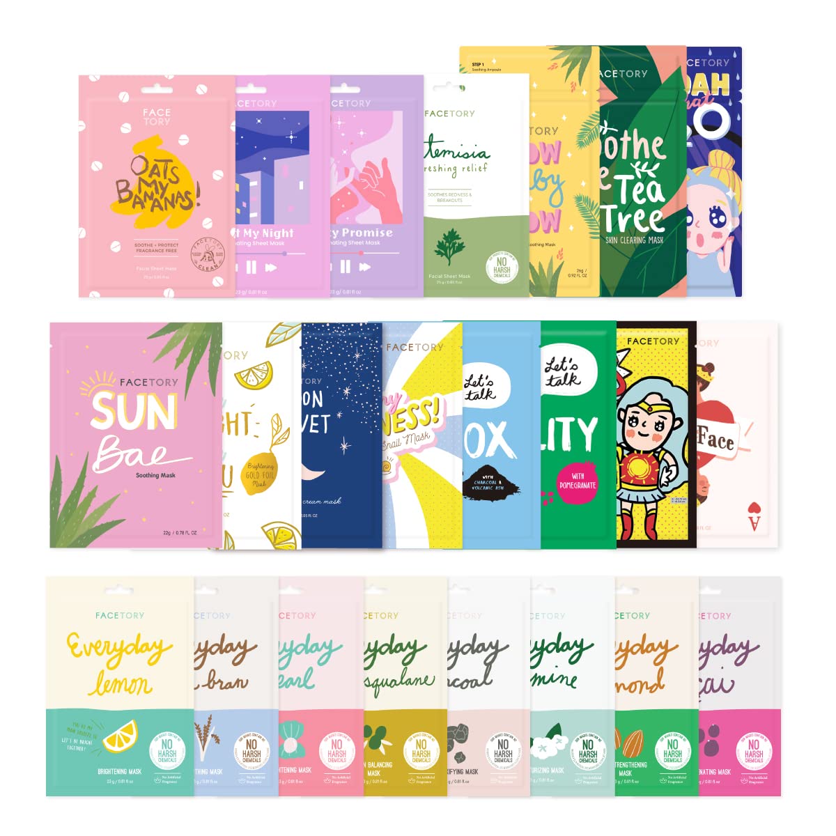 FACETORY K Beauty Face Mask Set for All Skin Types - 23 Masks