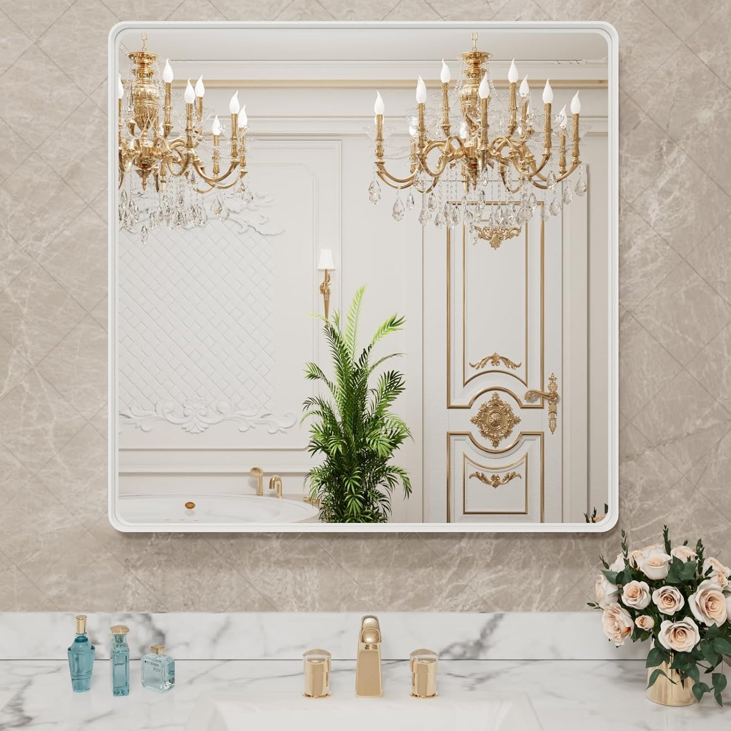 30x30 Inch White Metal Framed Bathroom Mirror for Wall Decor