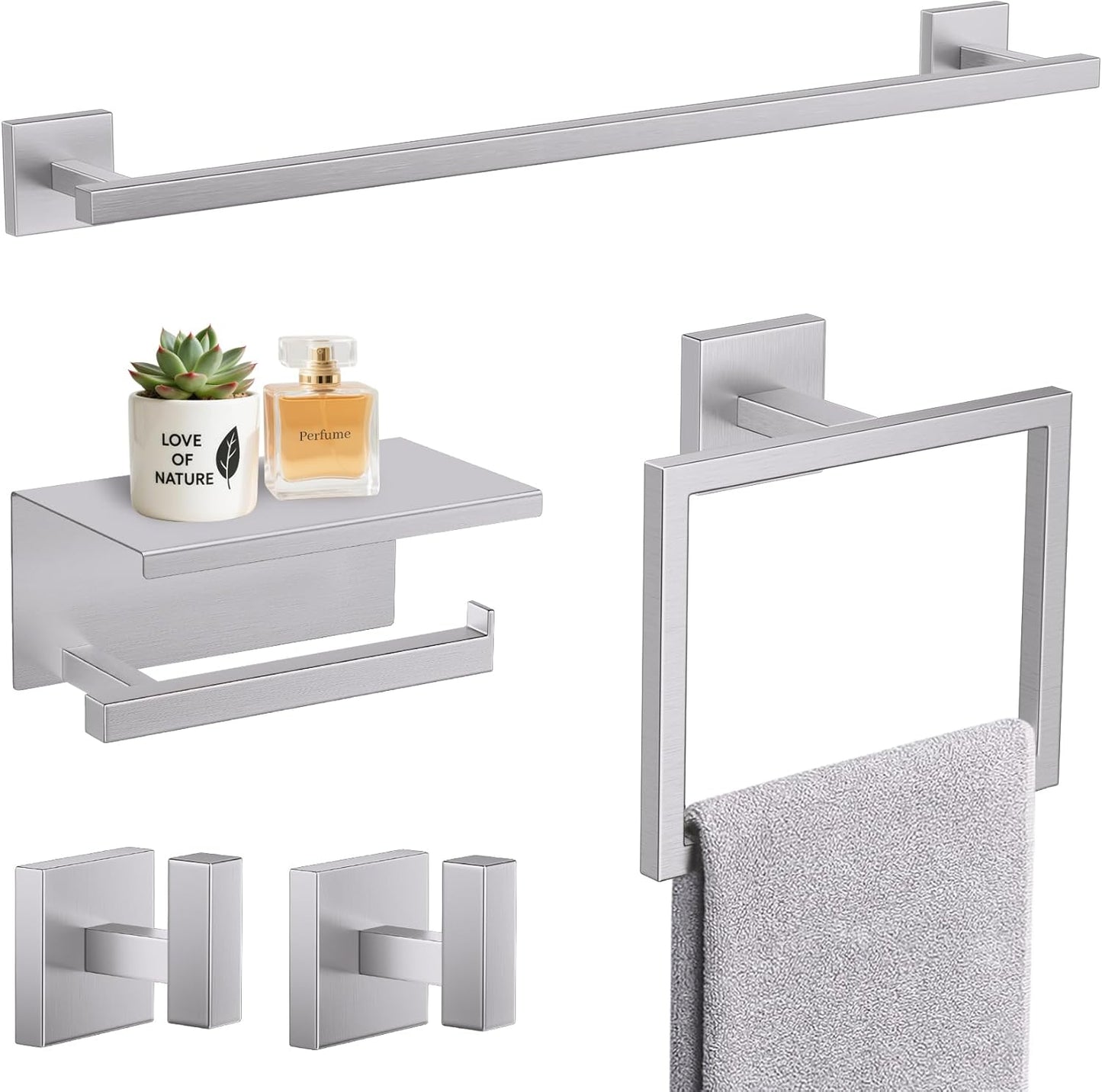 Towel Bar Set with Shelf and Hooks for Modern Bathrooms