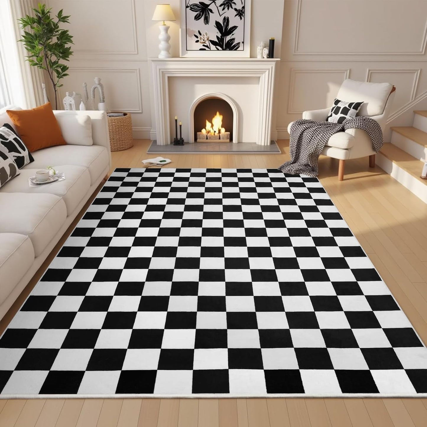 Terrug Black and White Checkered Rug for Living Room, 6x9 Area