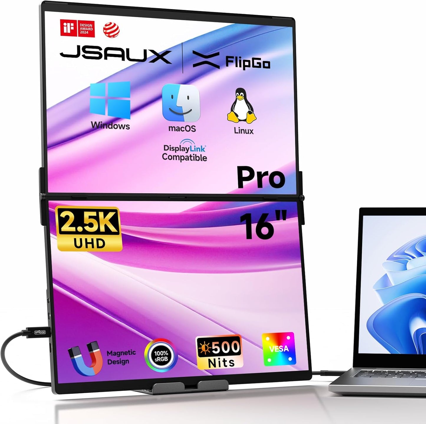 JSAUX FlipGo Pro 16in Dual Portable Monitors for Enhanced Productivity