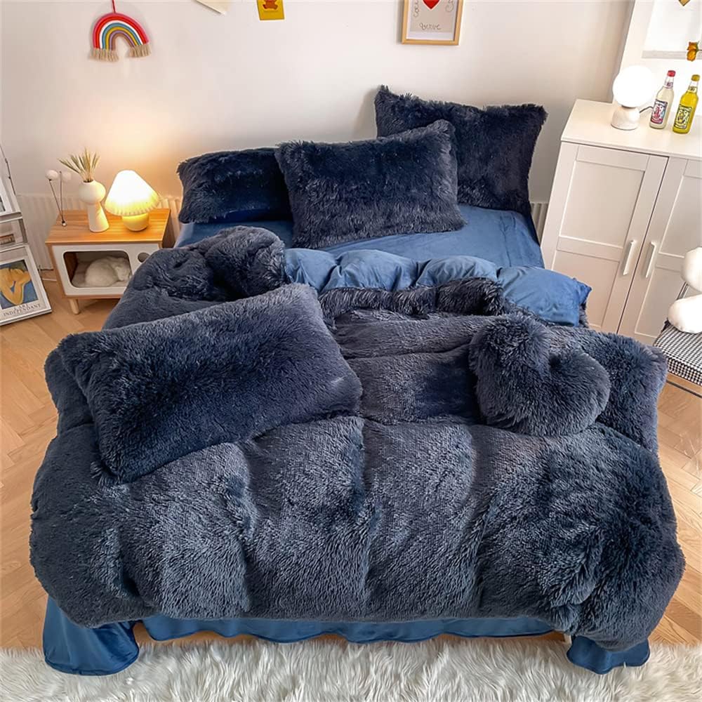Chovy Faux Fur Plush Navy Blue Comforter Set for King Beds