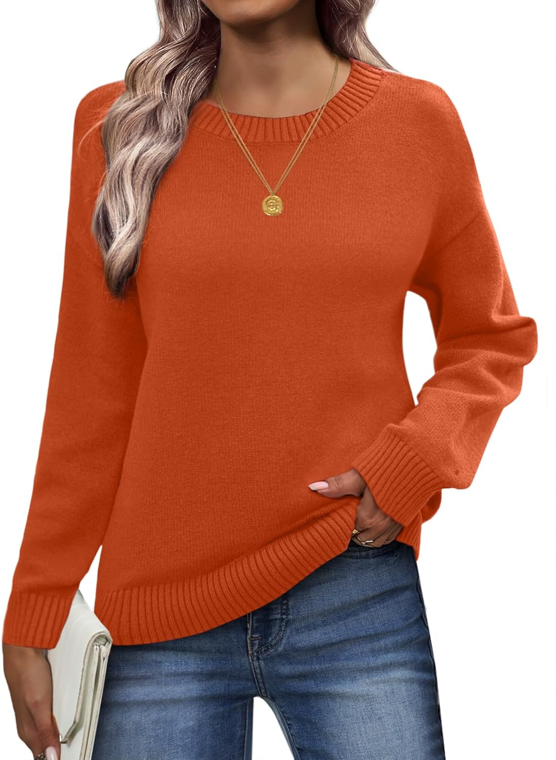 Cozy Long Sleeve Crewneck Ribbed Knit Pullover Sweater for Women