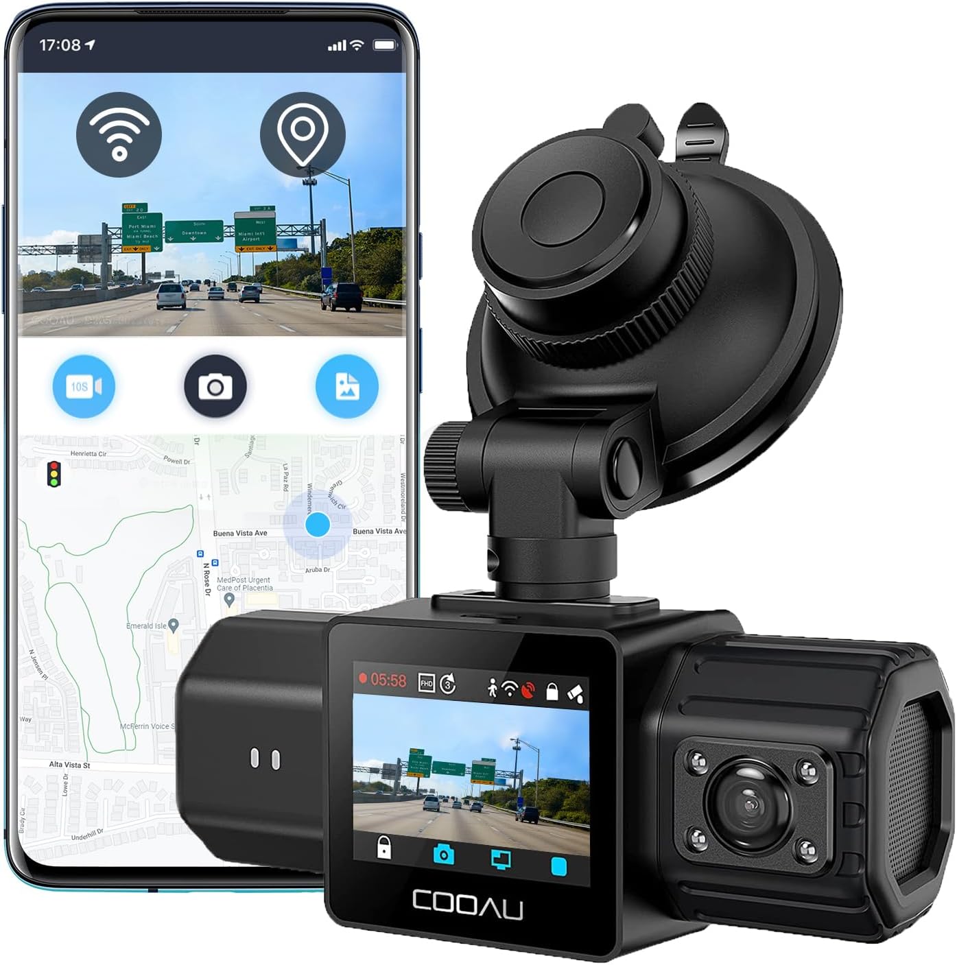 COOAU Dual Dash Cam: 2.5K+1080P, GPS/WiFi, Night Vision, Perfect for Uber, Taxi