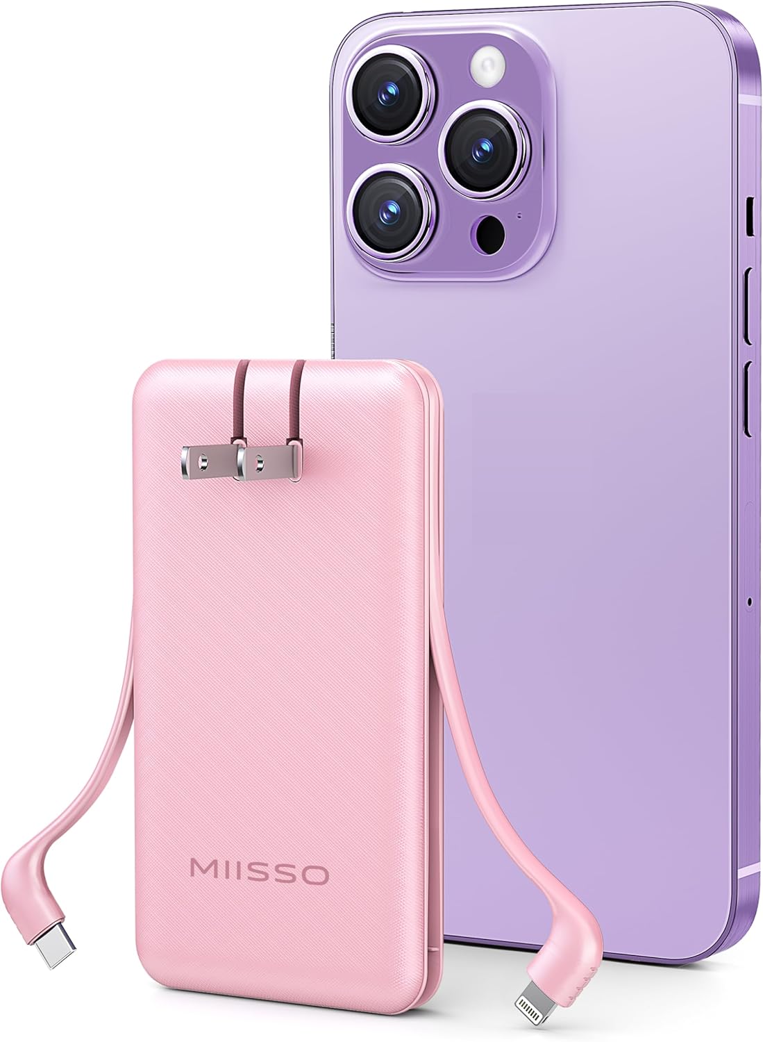 Miisso 10000mAh Slim Power Bank with Built-in Cables & Foldable Plug - Pink