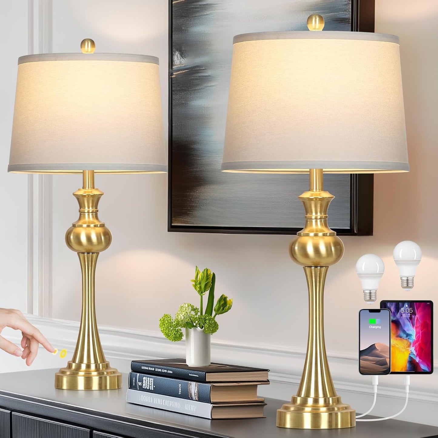 28.75in Modern Table Lamps Set of 2 with USB Charging Ports