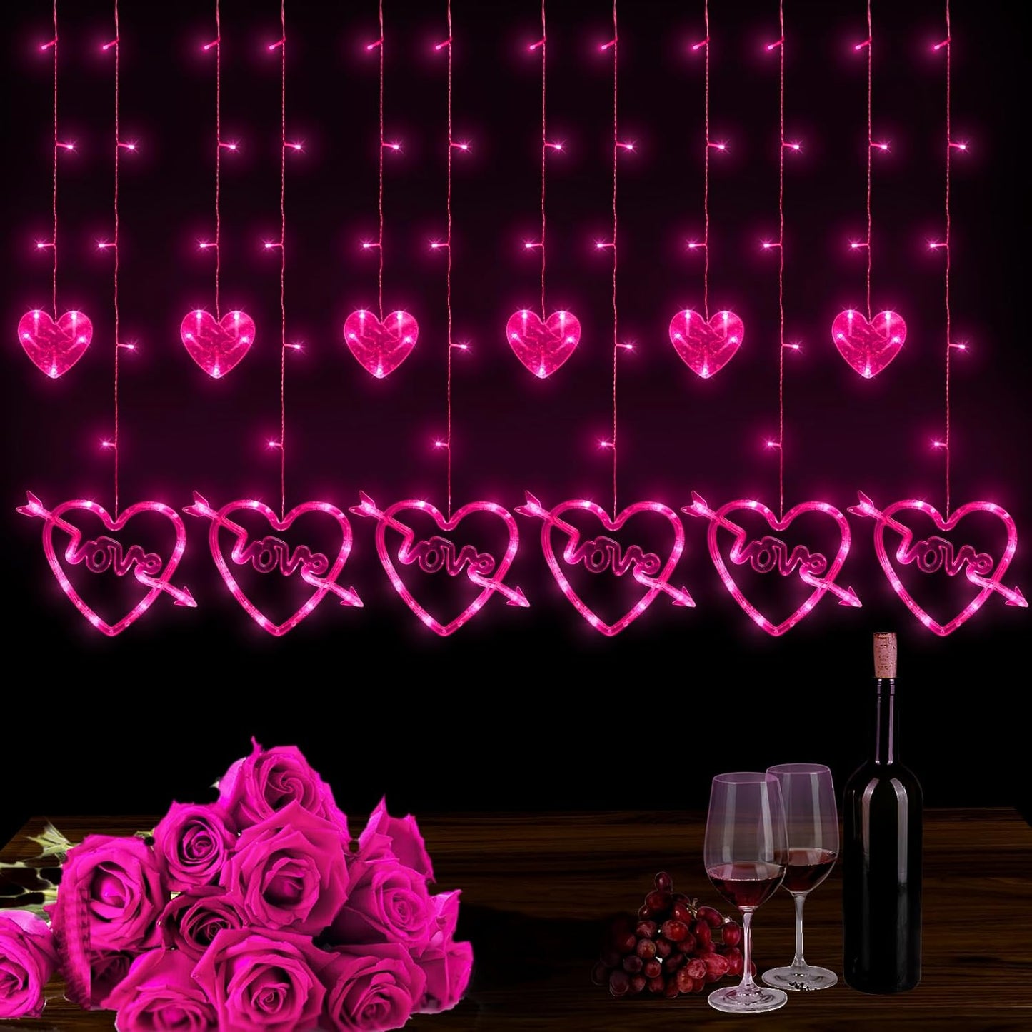 138 LED Heart Curtain Lights - Romantic Valentines Decor