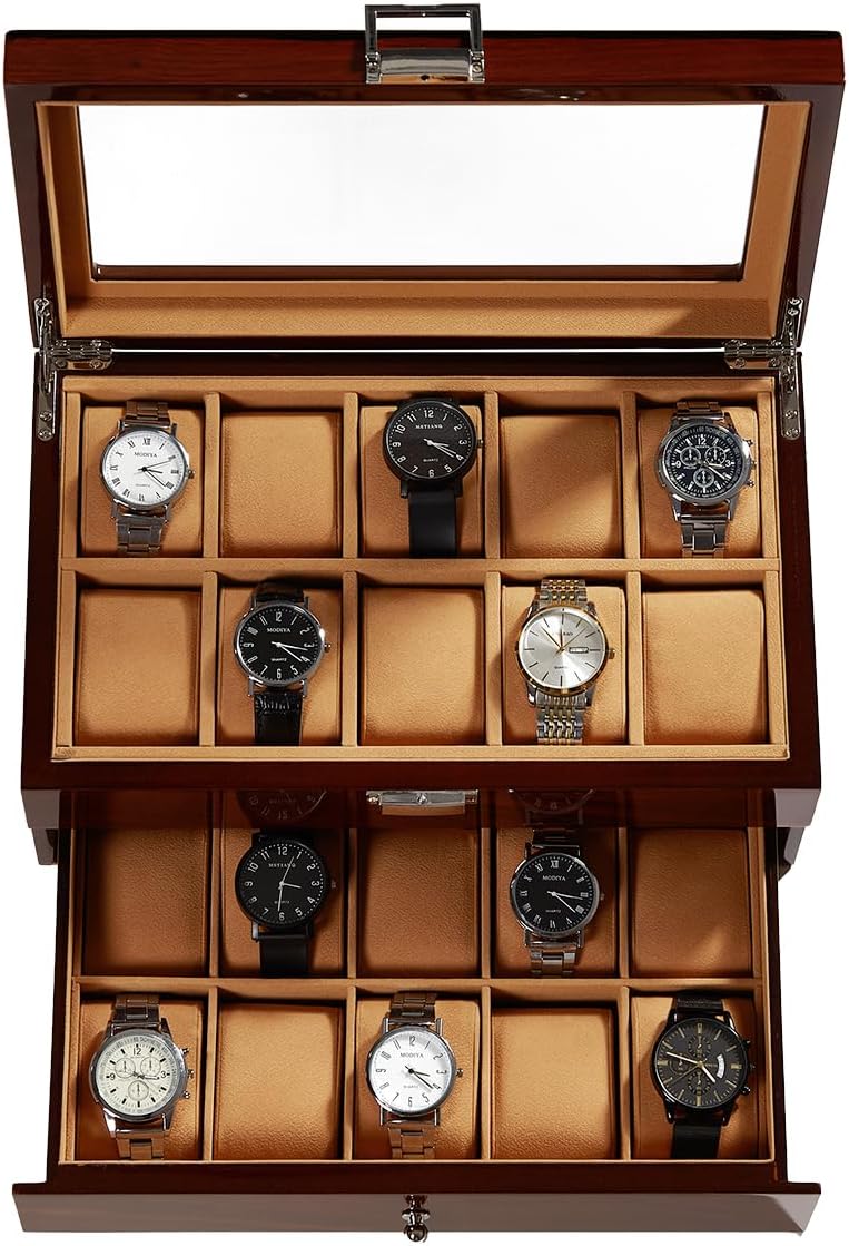 Homruilink Wooden Watch Box - 20 Slots, Glass Lid, Velvet Lining
