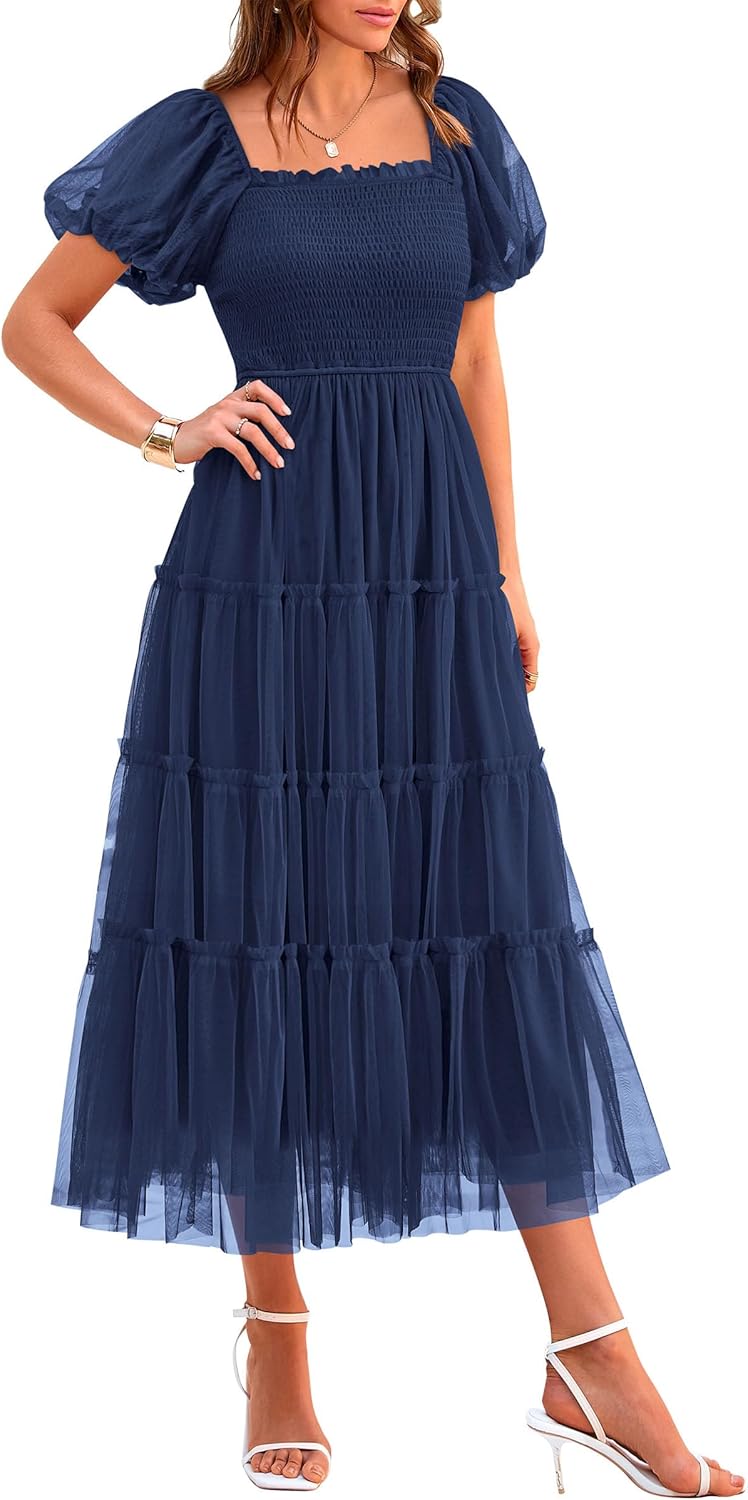 PRETTYGARDEN Women's Smocked Midi Tulle Dress for Summer Events