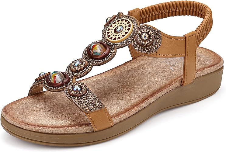 SHIBEVER Womens Flats Sandals Bohemia Beaded Open Toe Beach Shoes