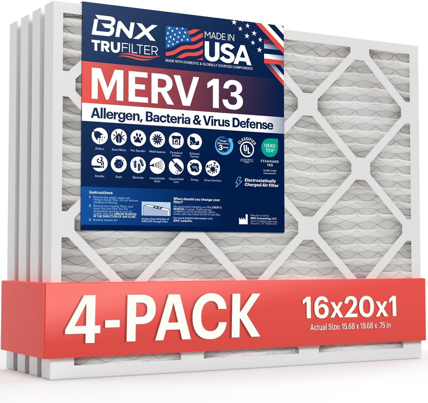 BNX TruFilter 16x20x1 MERV 13 Air Filter for Allergies & More