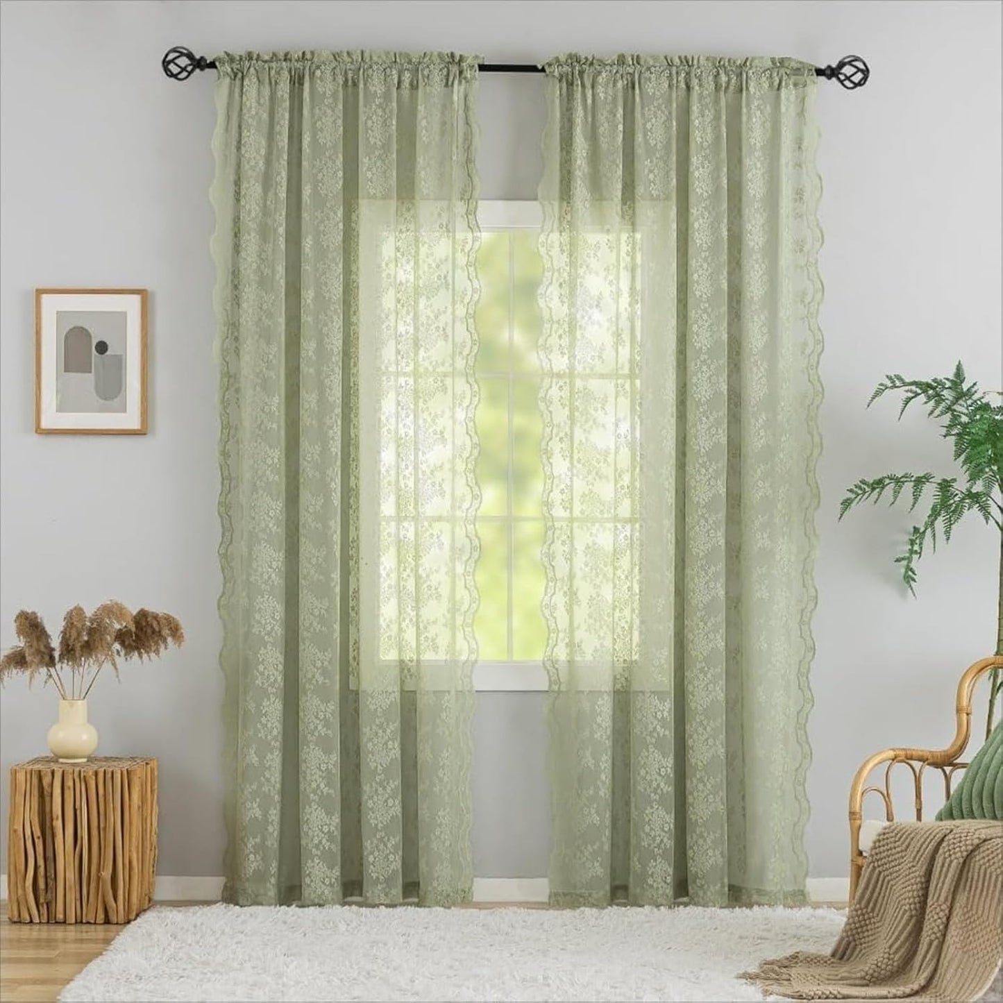 Sage Green Lace Curtains 120 Inches Long for Living Room Decor