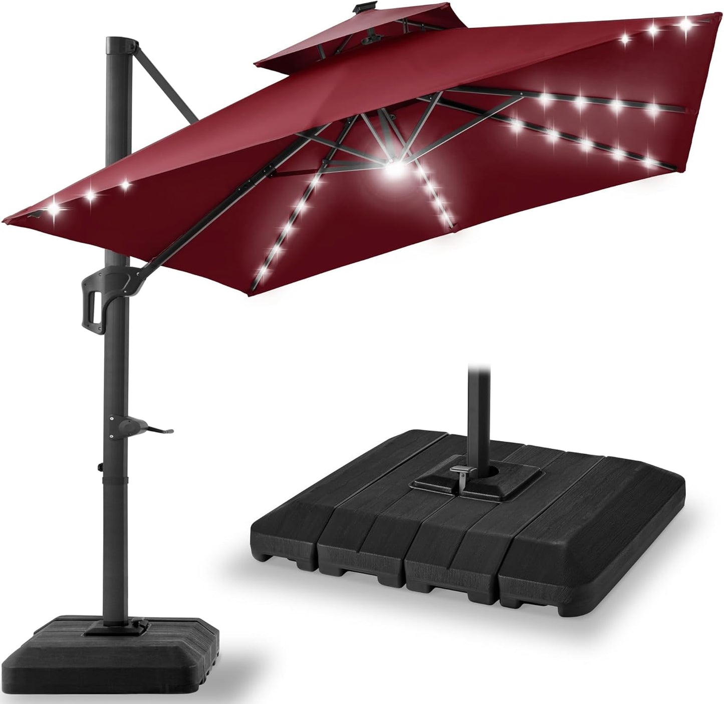 10x10ft Cantilever Patio Umbrella with Solar LED Lights and Base