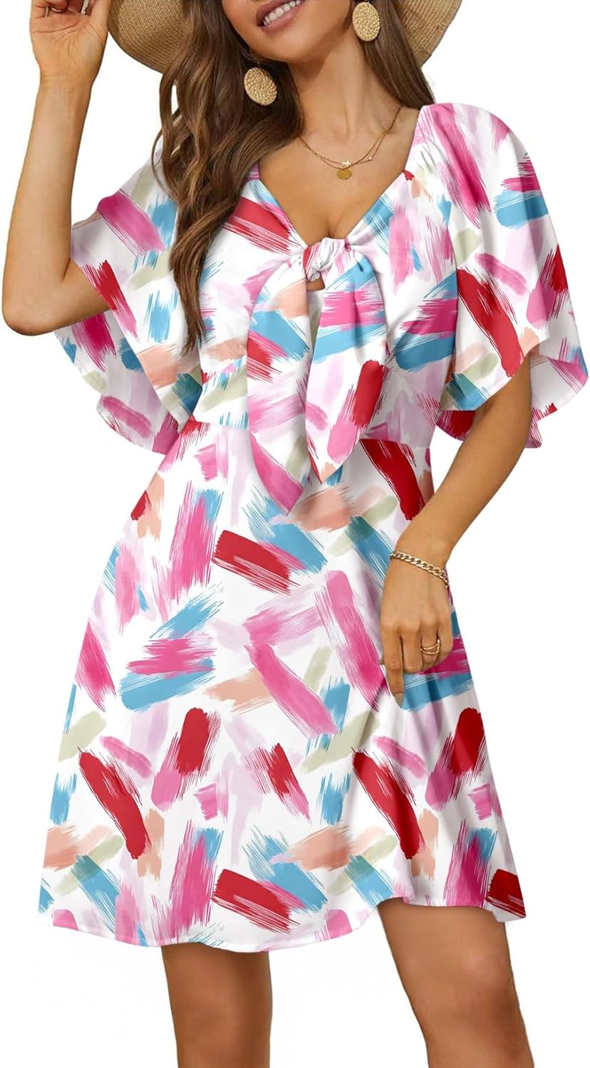 Dokotoo Womens Dresses Deep V Neck Elegant Bow Tie Mini Dress