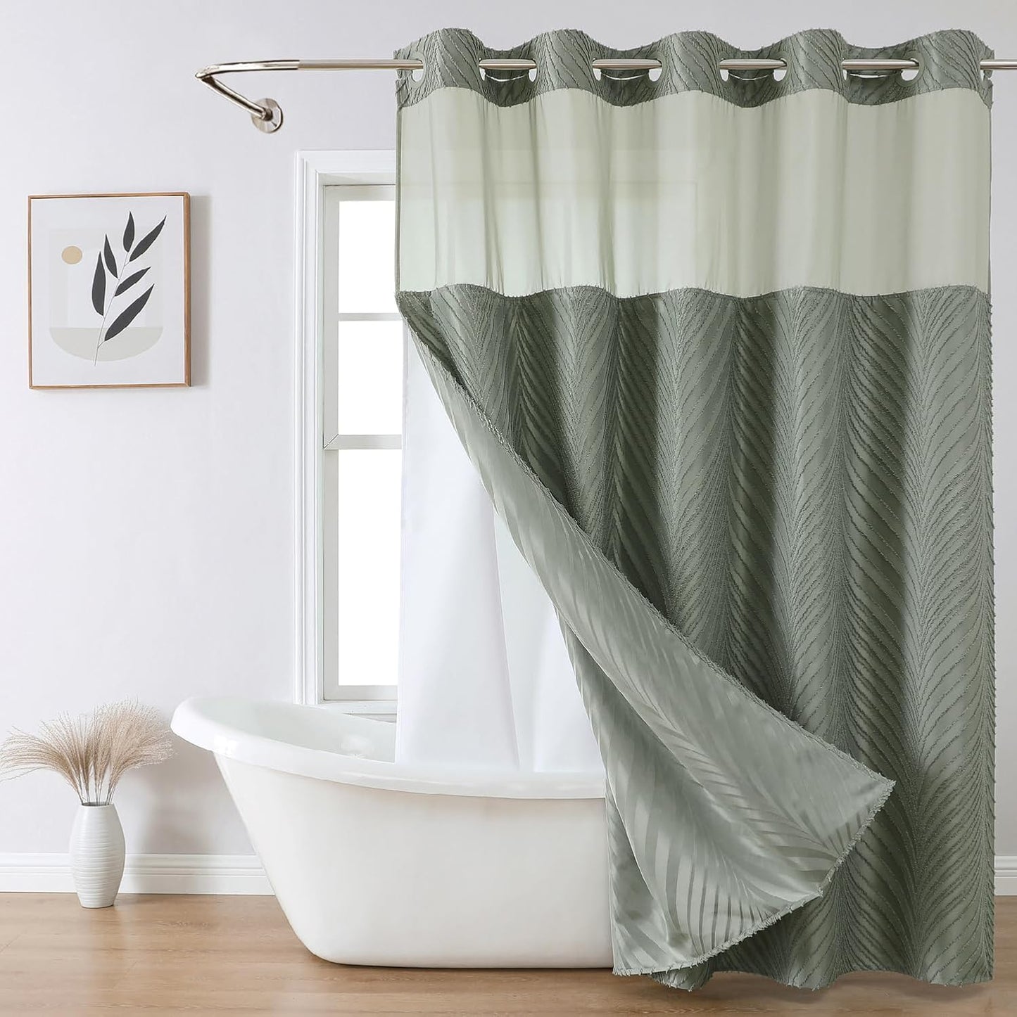 Boho Style No Hook Shower Curtain and Liner Set in Sage Green