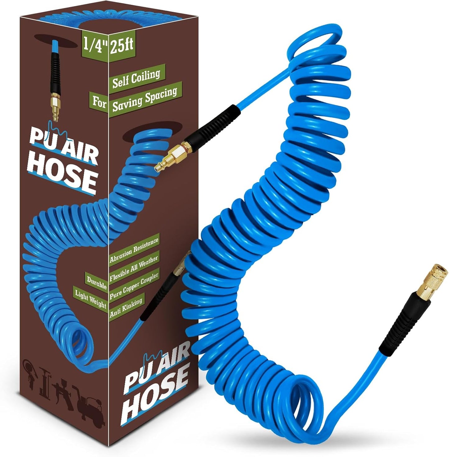 Premium Coiled Air Hose 1/4 x 25ft with Pure Copper Fittings - Flexible & Durable!