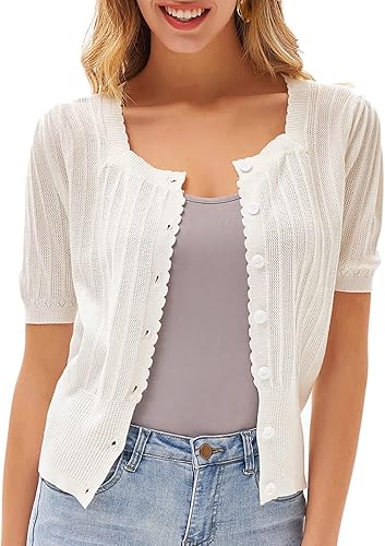 CURLBIUTY Women Vintage Short Sleeve Cropped Cardigan Sweater