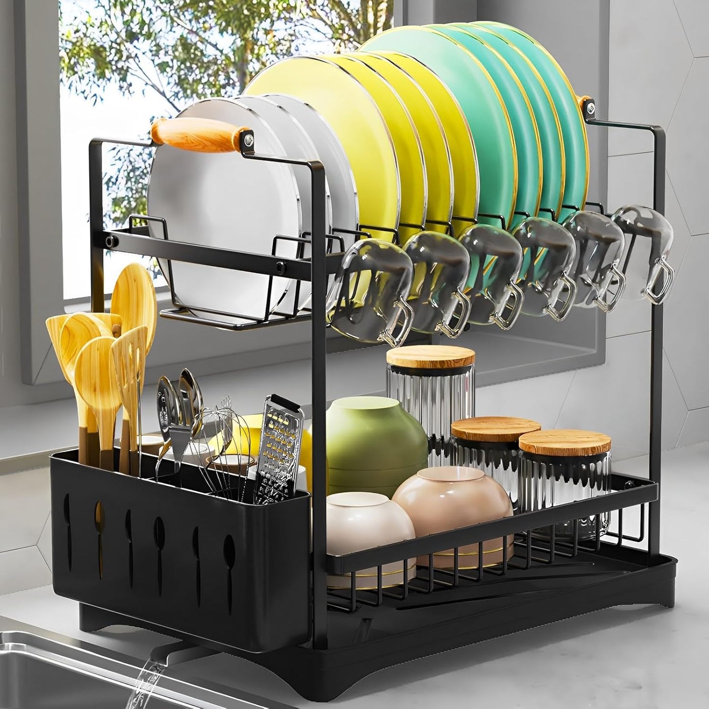 2-Tier Large Dish Drying Rack with Drainboard and Cutlery Holder