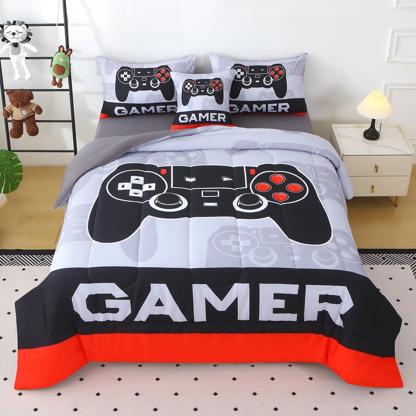 JQinHome Full Gamer Comforter Set for Boys - 6 Piece Bedding