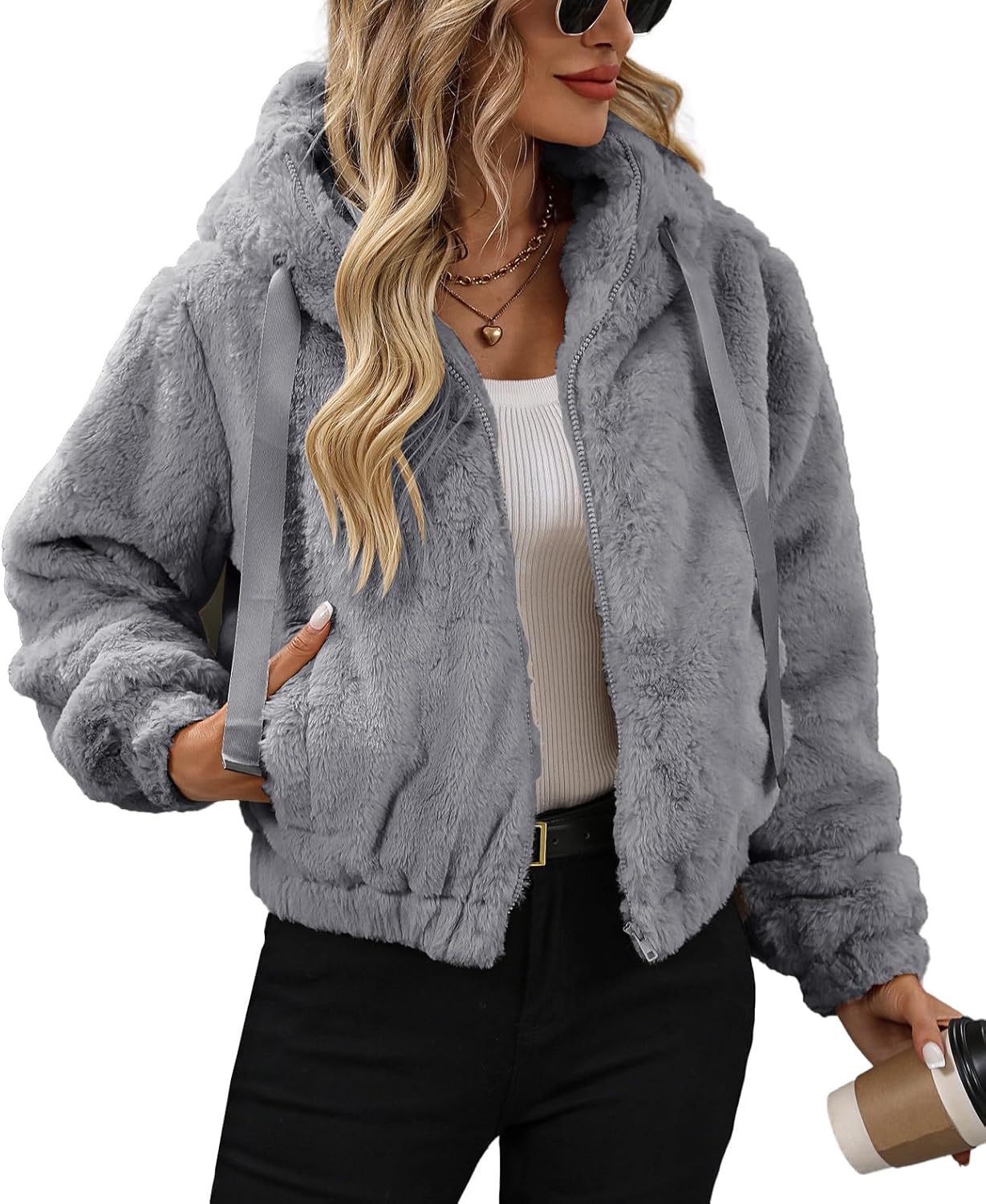 Women's Faux Fur Crop Coat Full Zip Fleece Sherpa Jacket
