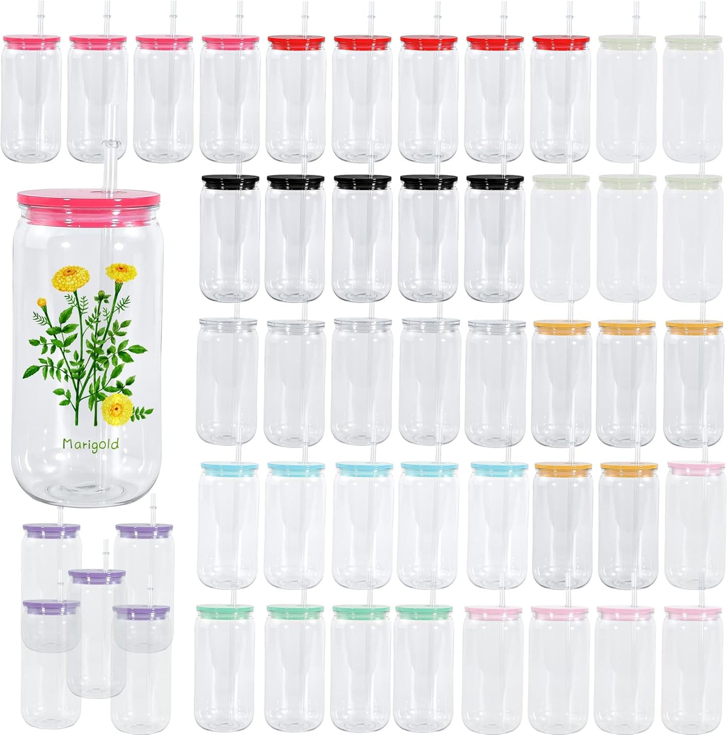 16 oz Acrylic Mason Jar Cups - 50 Pack Clear Plastic Jars